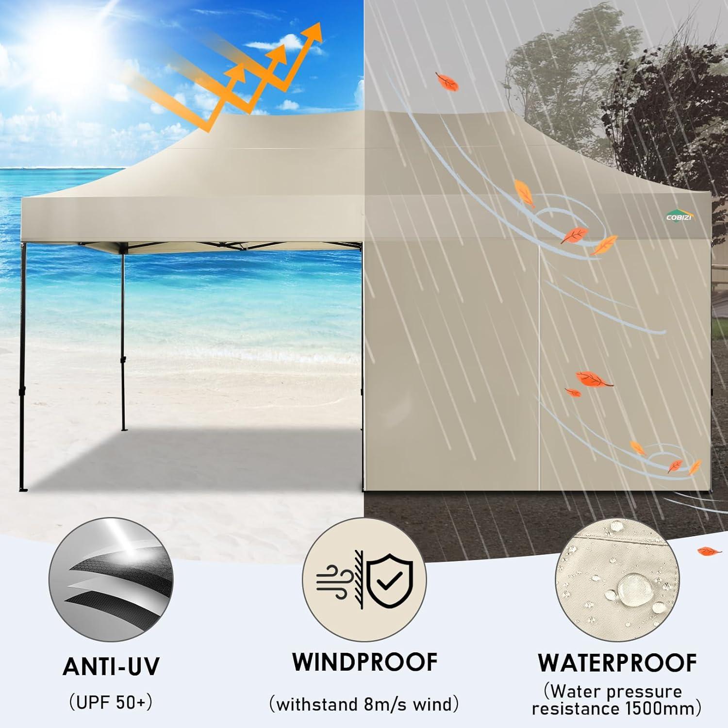 image:imageCOBIZI 10x20 Heavy Duty Pop up Canopy Tent with 6 sidewalls Easy Up Commercial Outdoor Canopy Wedding Party Tents for Parties All Season Wind amp Waterproof Gazebo with Roller BagGreyFrame ThickenedKhaki