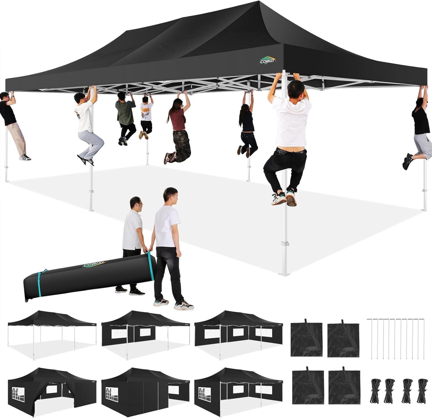 image:imageCOBIZI 10x20 Heavy Duty Pop up Canopy Tent with 6 sidewalls Easy Up Commercial Outdoor Canopy Wedding Party Tents for Parties All Season Wind amp Waterproof Gazebo with Roller BagGreyFrame ThickenedBlack
