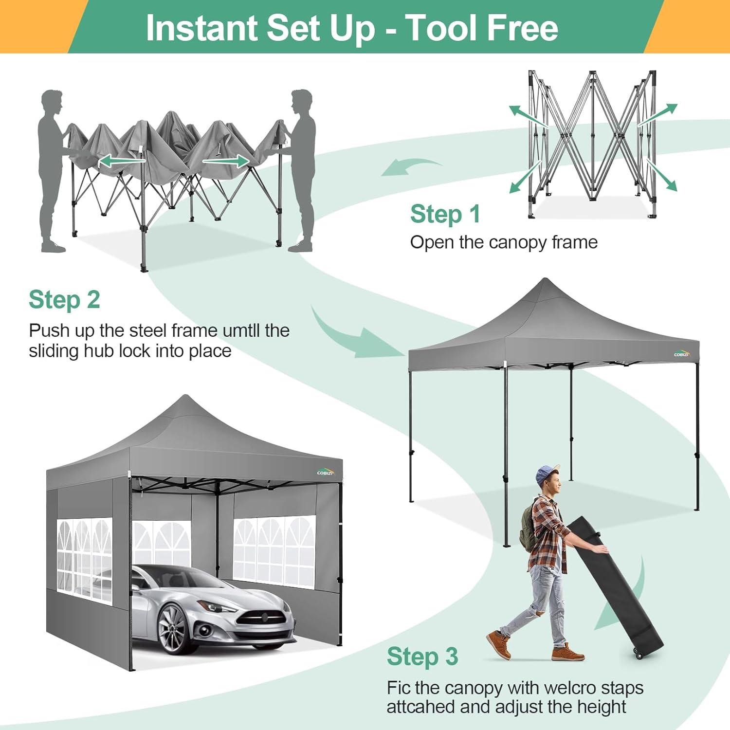 image:imageCOBIZI 10x20 Heavy Duty Pop up Canopy Tent with 6 sidewalls Easy Up Commercial Outdoor Canopy Wedding Party Tents for Parties All Season Wind amp Waterproof Gazebo with Roller BagGreyFrame ThickenedGray