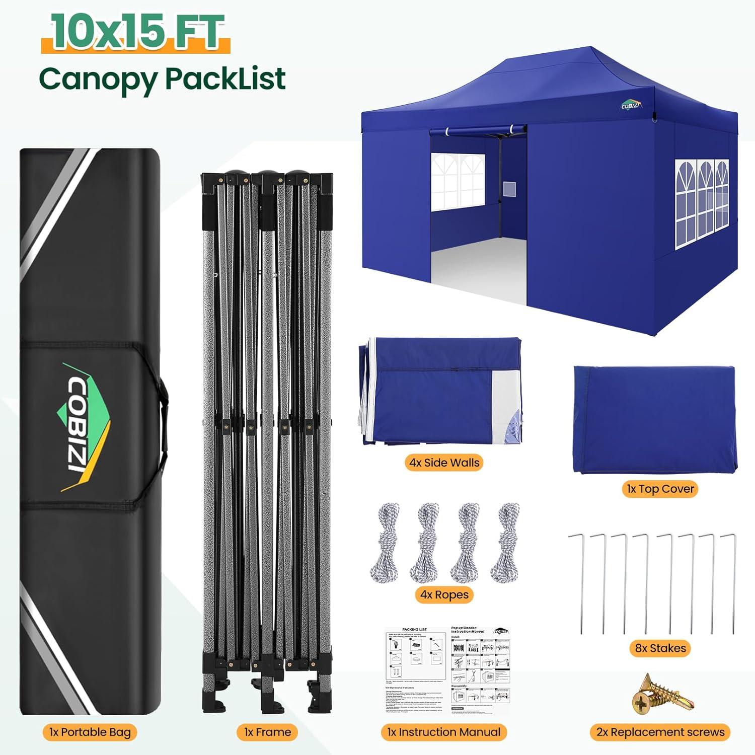 image:imageCOBIZI 10x20 Heavy Duty Pop up Canopy Tent with 6 sidewalls Easy Up Commercial Outdoor Canopy Wedding Party Tents for Parties All Season Wind amp Waterproof Gazebo with Roller BagGreyFrame ThickenedDark Blue