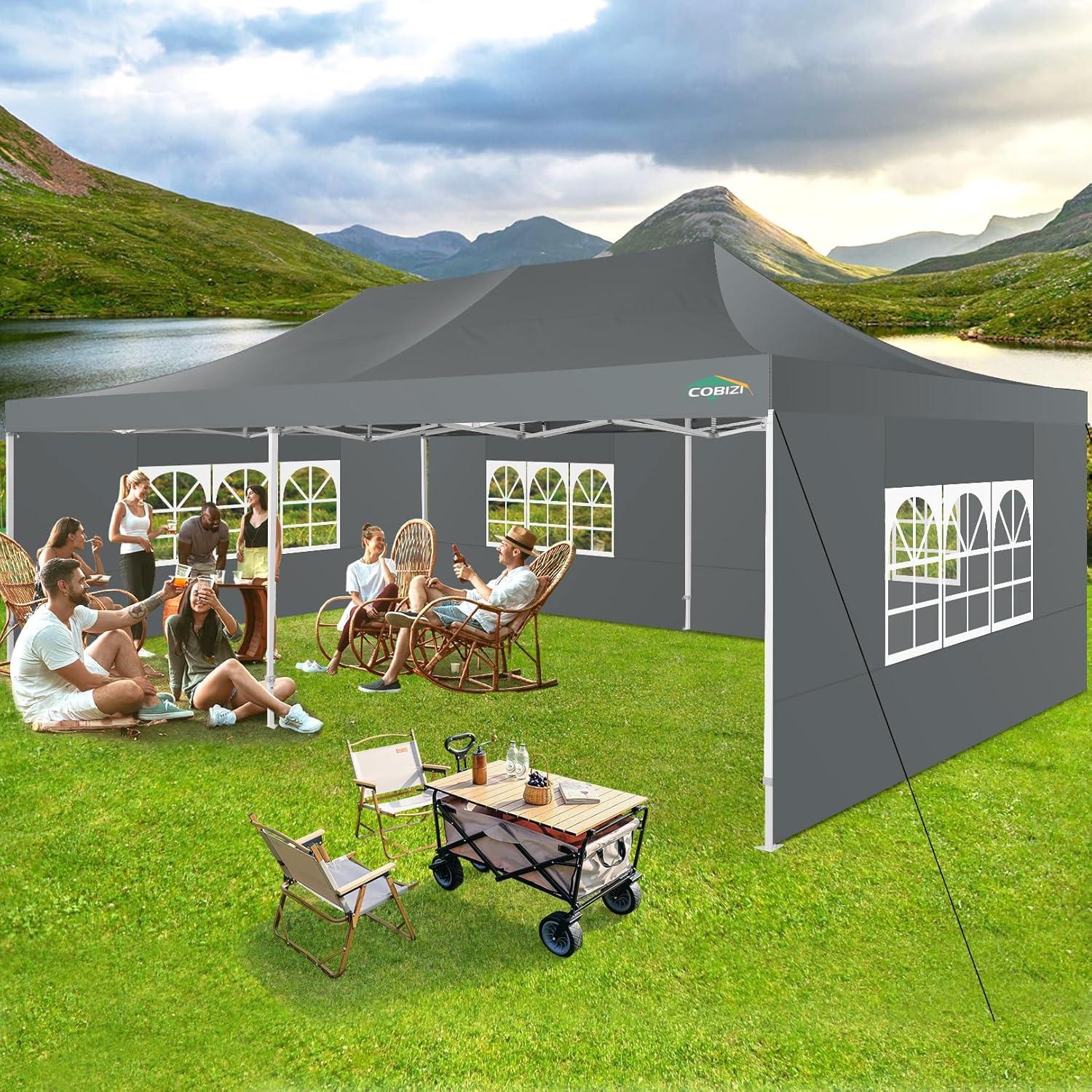 image:imageCOBIZI 10x20 Heavy Duty Pop up Canopy Tent with 6 sidewalls Easy Up Commercial Outdoor Canopy Wedding Party Tents for Parties All Season Wind amp Waterproof Gazebo with Roller BagGreyFrame ThickenedGray