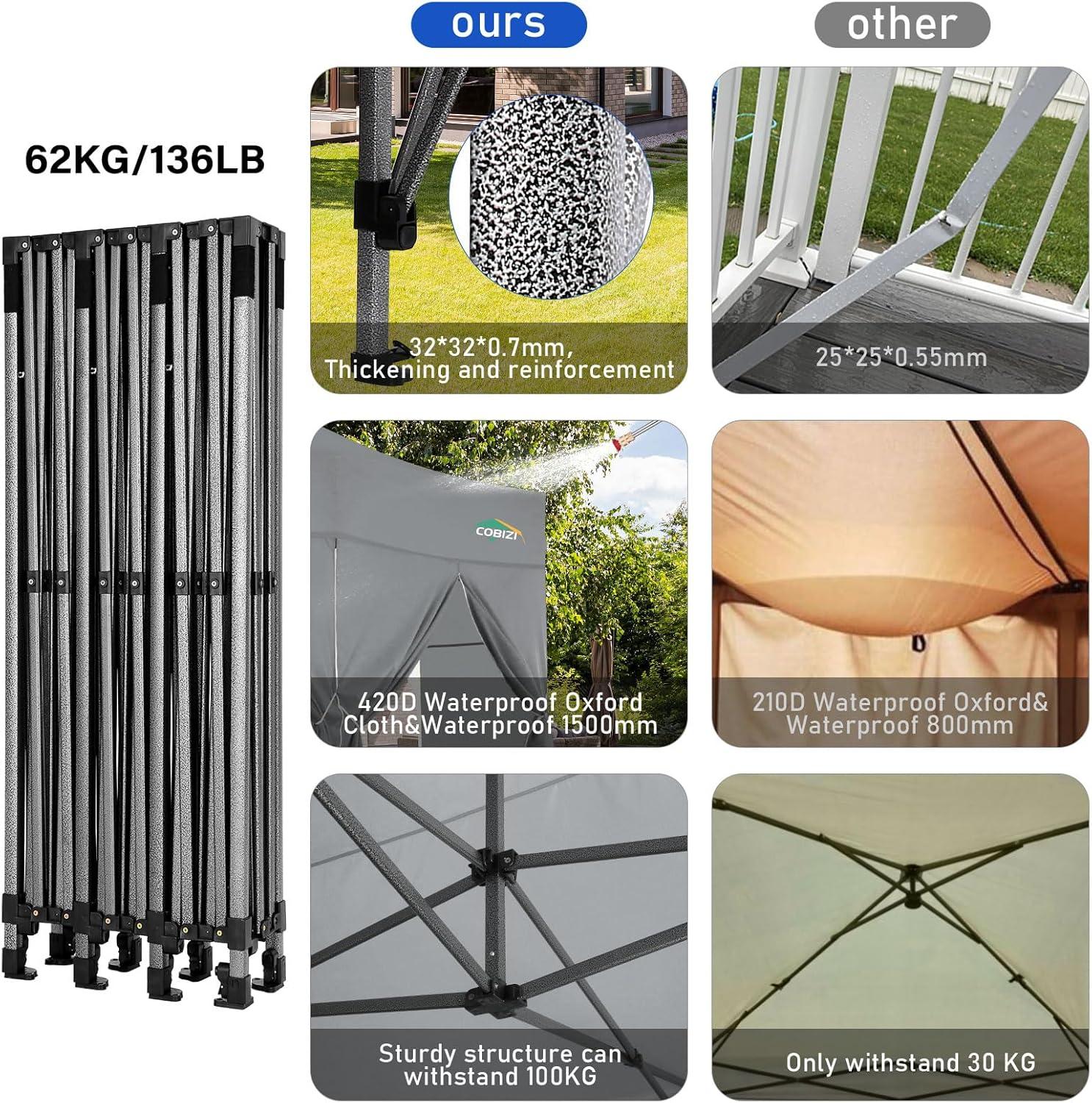 image:imageCOBIZI 10x20 Heavy Duty Pop up Canopy Tent with 6 sidewalls Easy Up Commercial Outdoor Canopy Wedding Party Tents for Parties All Season Wind amp Waterproof Gazebo with Roller BagGreyFrame ThickenedGray