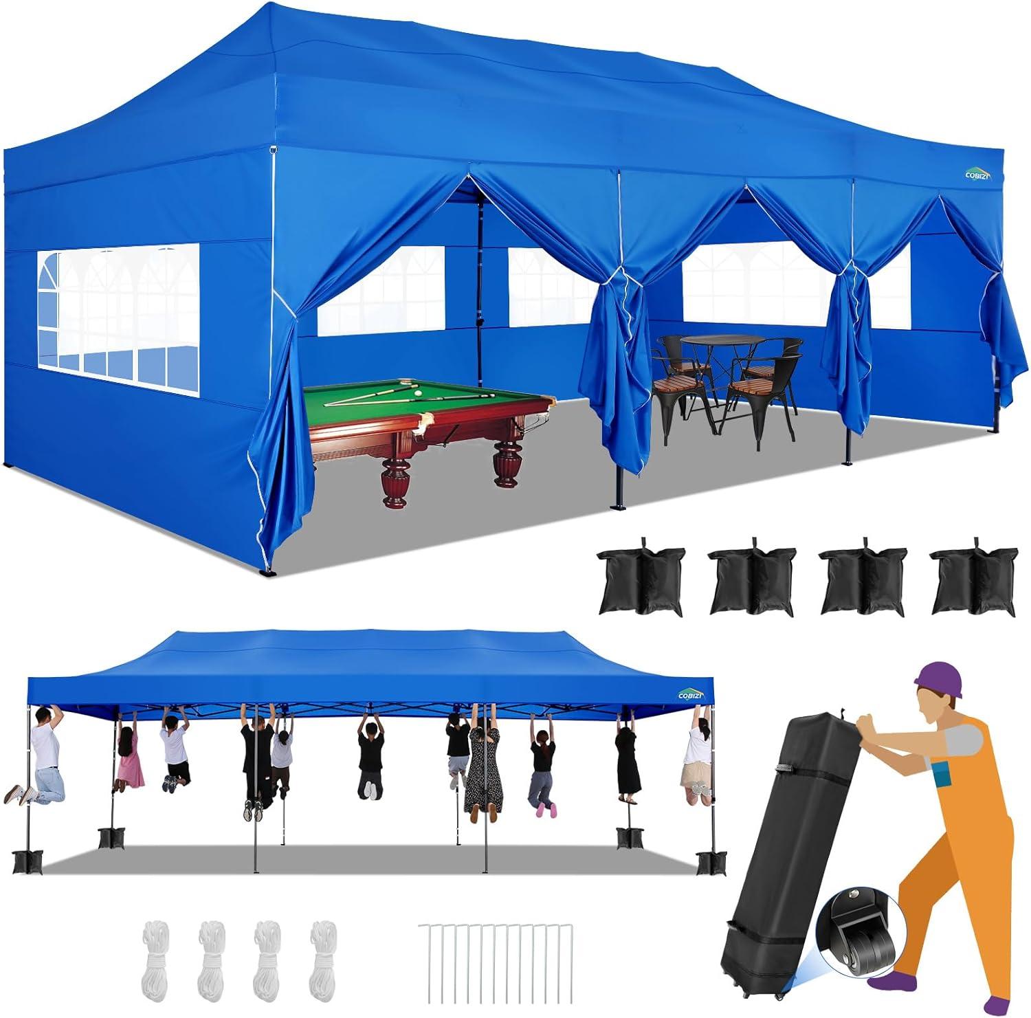 image:imageCOBIZI 10x20 Heavy Duty Pop up Canopy Tent with 6 sidewalls Easy Up Commercial Outdoor Canopy Wedding Party Tents for Parties All Season Wind amp Waterproof Gazebo with Roller BagGreyFrame ThickenedSky Blue