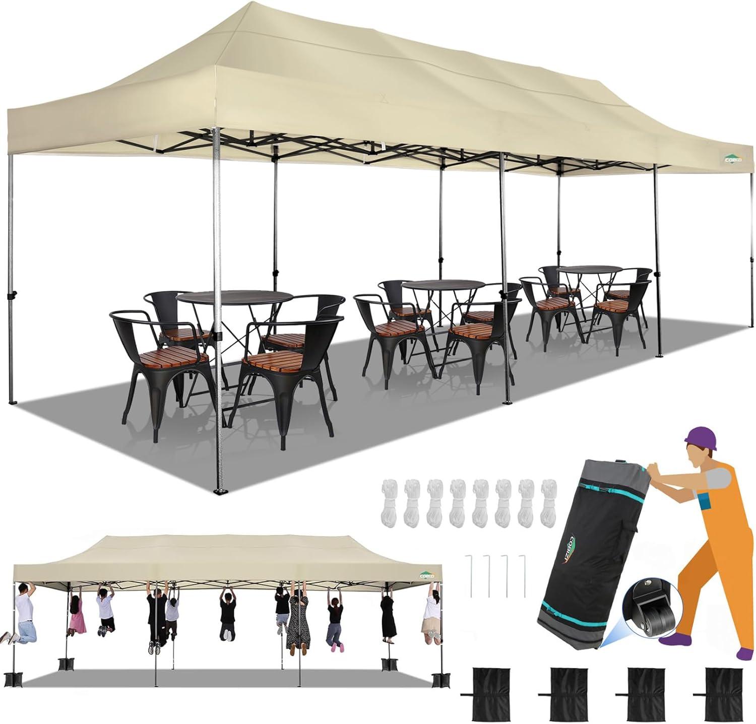 image:imageCOBIZI 10x20 Heavy Duty Pop up Canopy Tent with 6 sidewalls Easy Up Commercial Outdoor Canopy Wedding Party Tents for Parties All Season Wind amp Waterproof Gazebo with Roller BagGreyFrame ThickenedKhaki