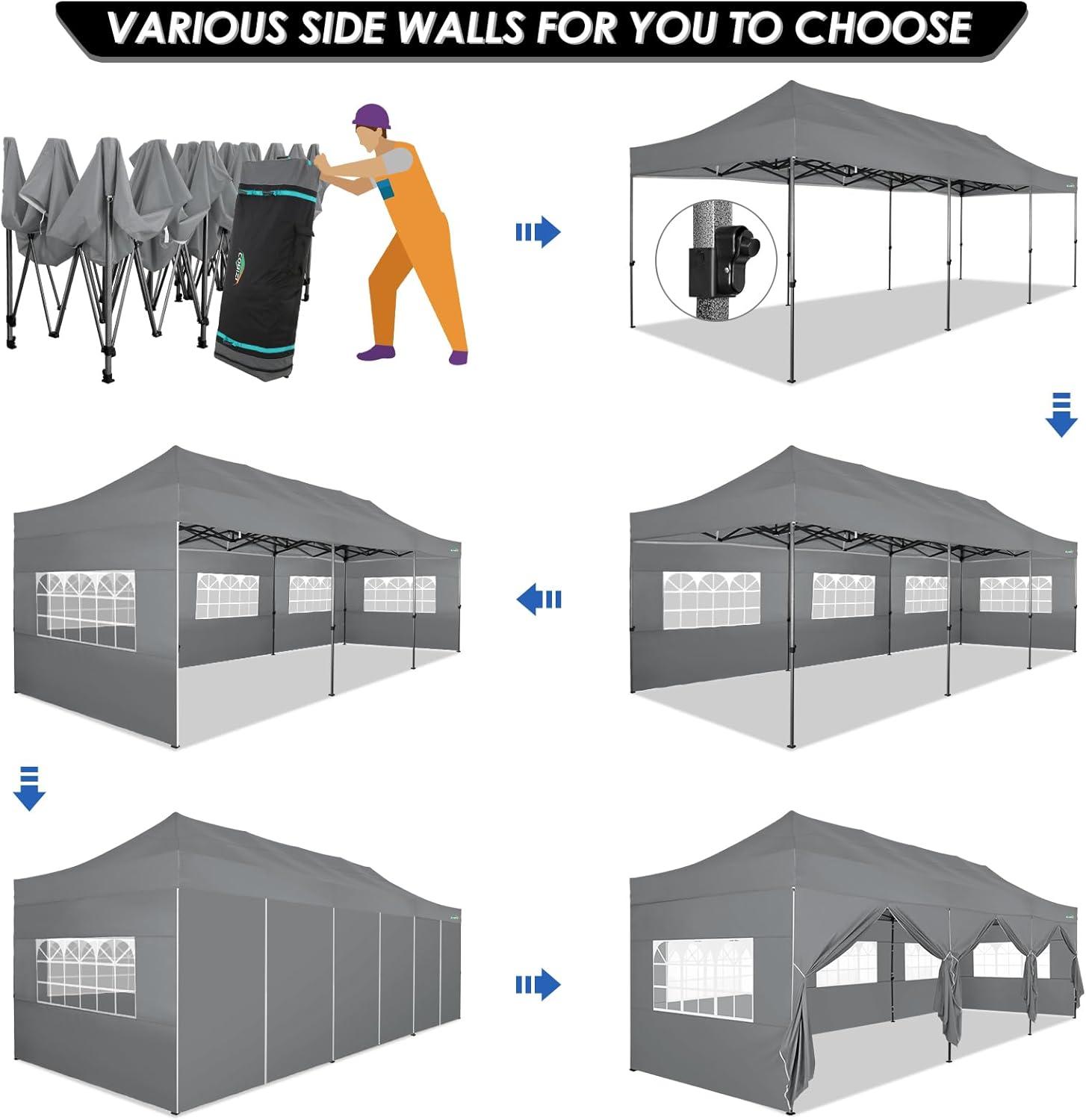image:imageCOBIZI 10x20 Heavy Duty Pop up Canopy Tent with 6 sidewalls Easy Up Commercial Outdoor Canopy Wedding Party Tents for Parties All Season Wind amp Waterproof Gazebo with Roller BagGreyFrame ThickenedLight Grey