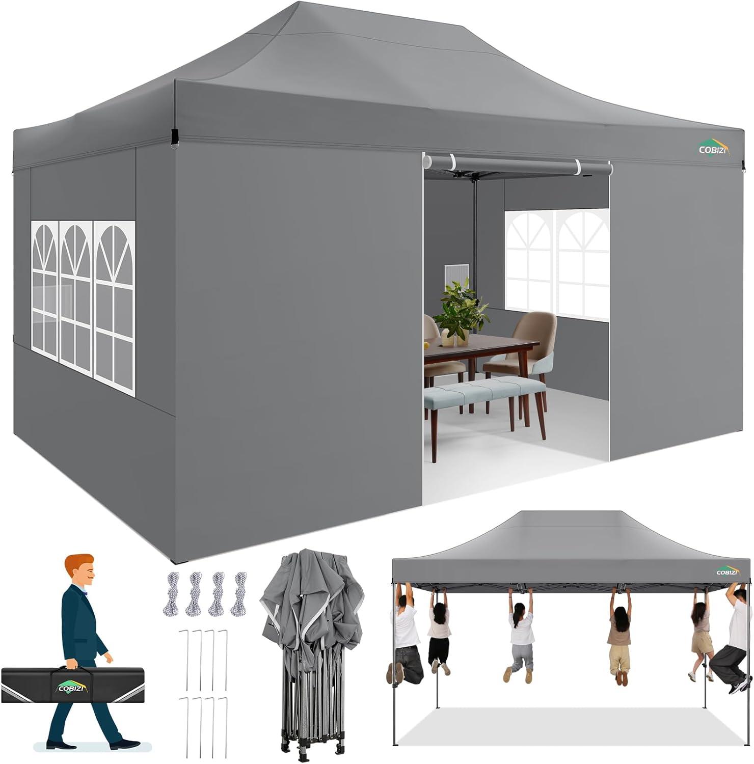 image:imageCOBIZI 10x20 Heavy Duty Pop up Canopy Tent with 6 sidewalls Easy Up Commercial Outdoor Canopy Wedding Party Tents for Parties All Season Wind amp Waterproof Gazebo with Roller BagGreyFrame ThickenedGray