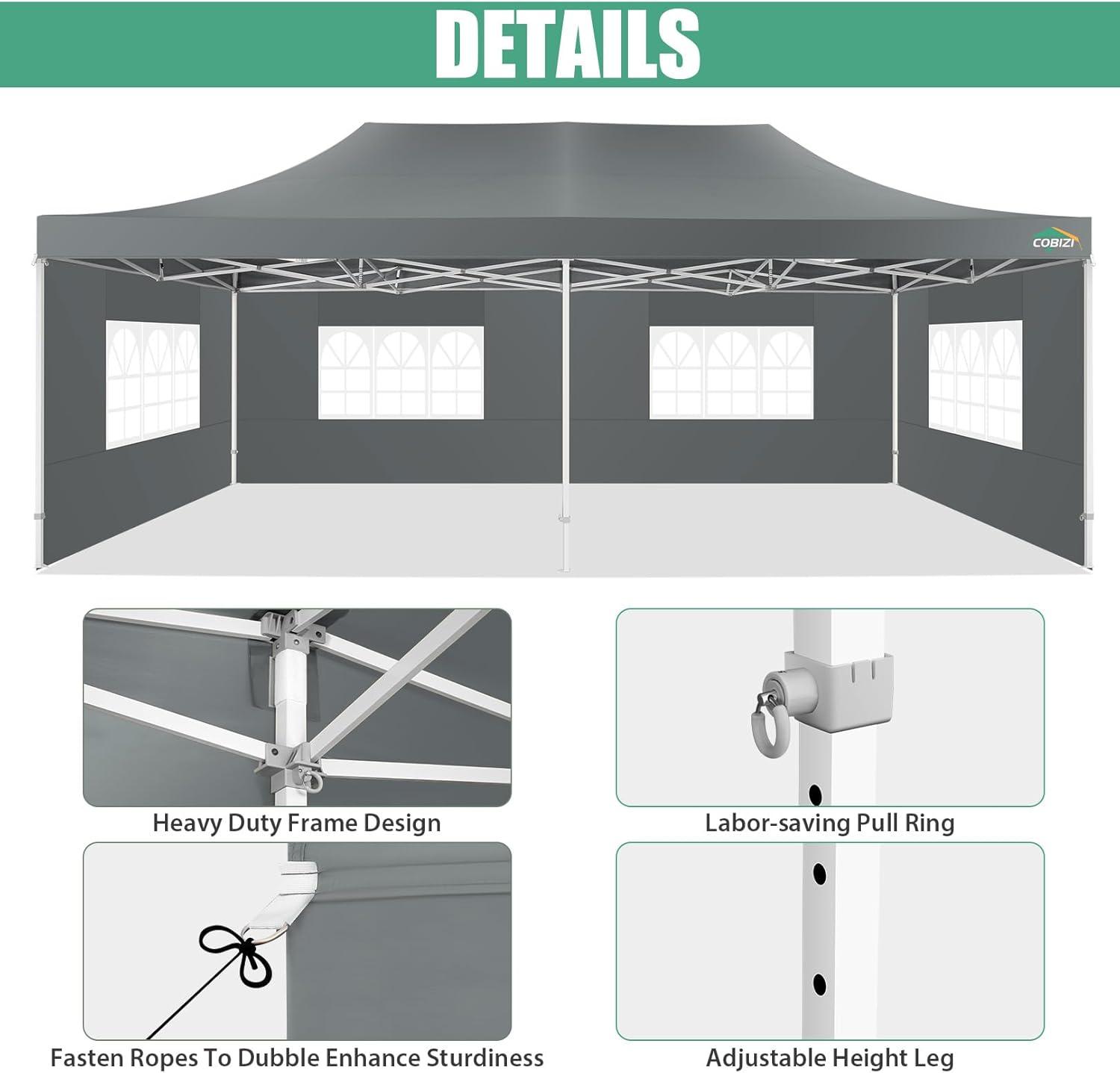 image:imageCOBIZI 10x20 Heavy Duty Pop up Canopy Tent with 6 sidewalls Easy Up Commercial Outdoor Canopy Wedding Party Tents for Parties All Season Wind amp Waterproof Gazebo with Roller BagGreyFrame ThickenedGray