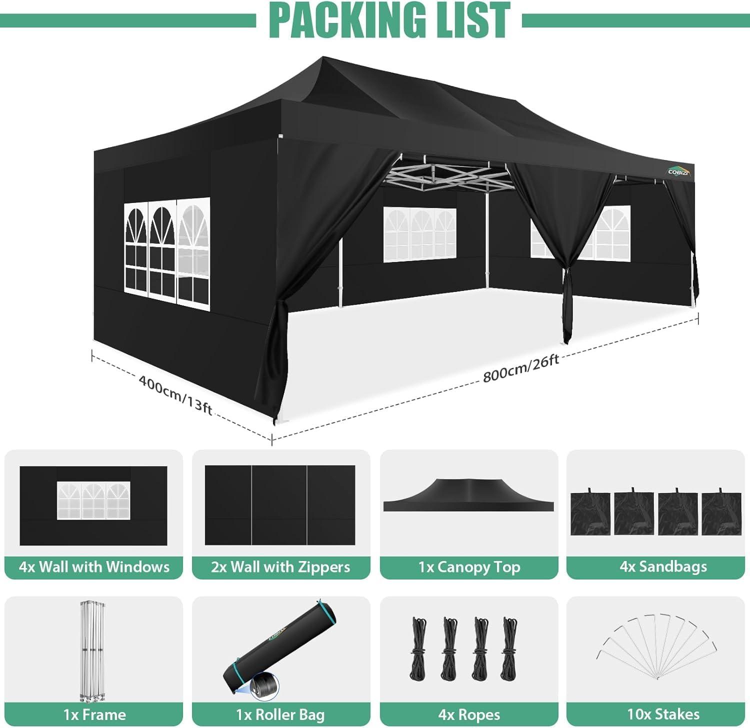 image:imageCOBIZI 10x20 Heavy Duty Pop up Canopy Tent with 6 sidewalls Easy Up Commercial Outdoor Canopy Wedding Party Tents for Parties All Season Wind amp Waterproof Gazebo with Roller BagGreyFrame ThickenedBlack