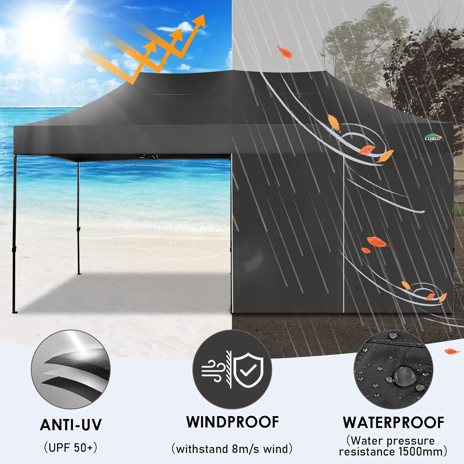image:imageCOBIZI 10x20 Heavy Duty Pop up Canopy Tent with 6 sidewalls Easy Up Commercial Outdoor Canopy Wedding Party Tents for Parties All Season Wind amp Waterproof Gazebo with Roller BagGreyFrame ThickenedBlack