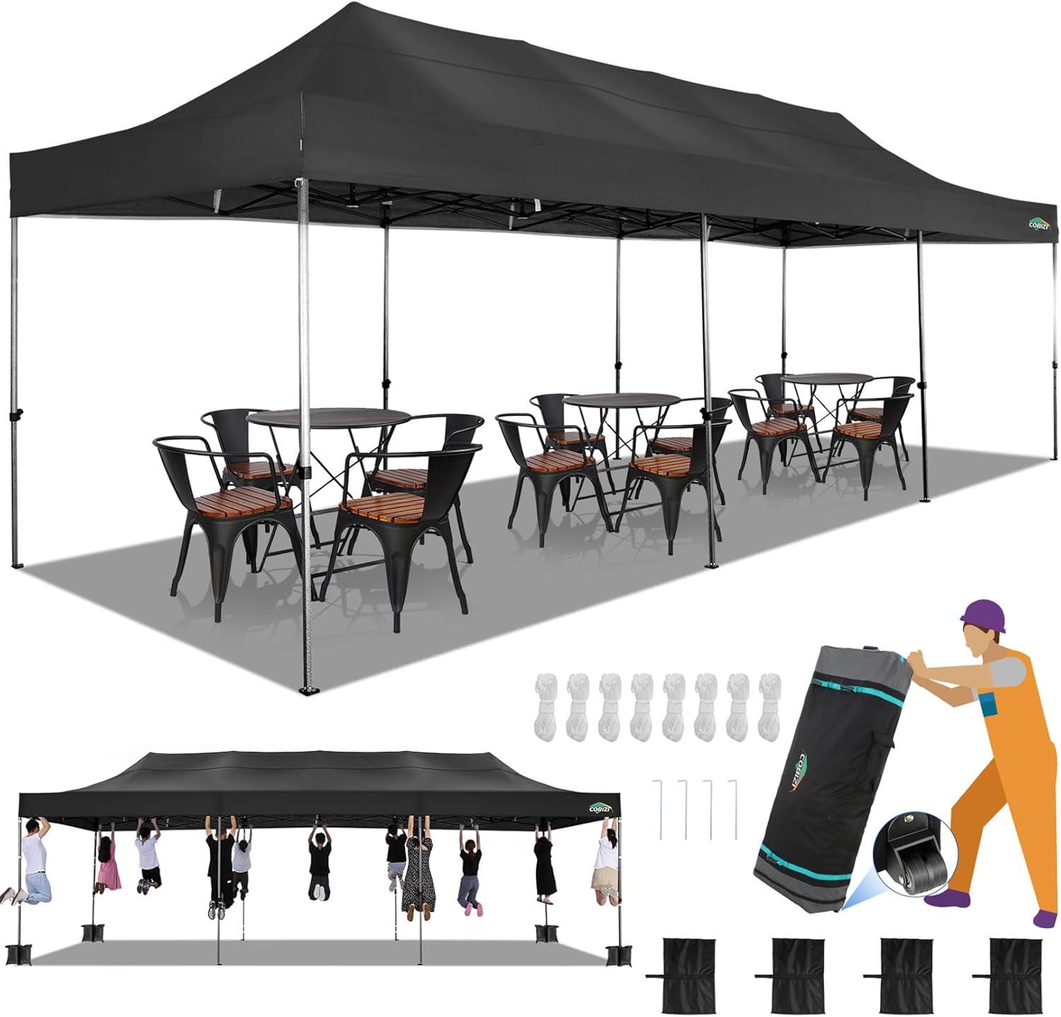 image:imageCOBIZI 10x20 Heavy Duty Pop up Canopy Tent with 6 sidewalls Easy Up Commercial Outdoor Canopy Wedding Party Tents for Parties All Season Wind amp Waterproof Gazebo with Roller BagGreyFrame ThickenedBlack