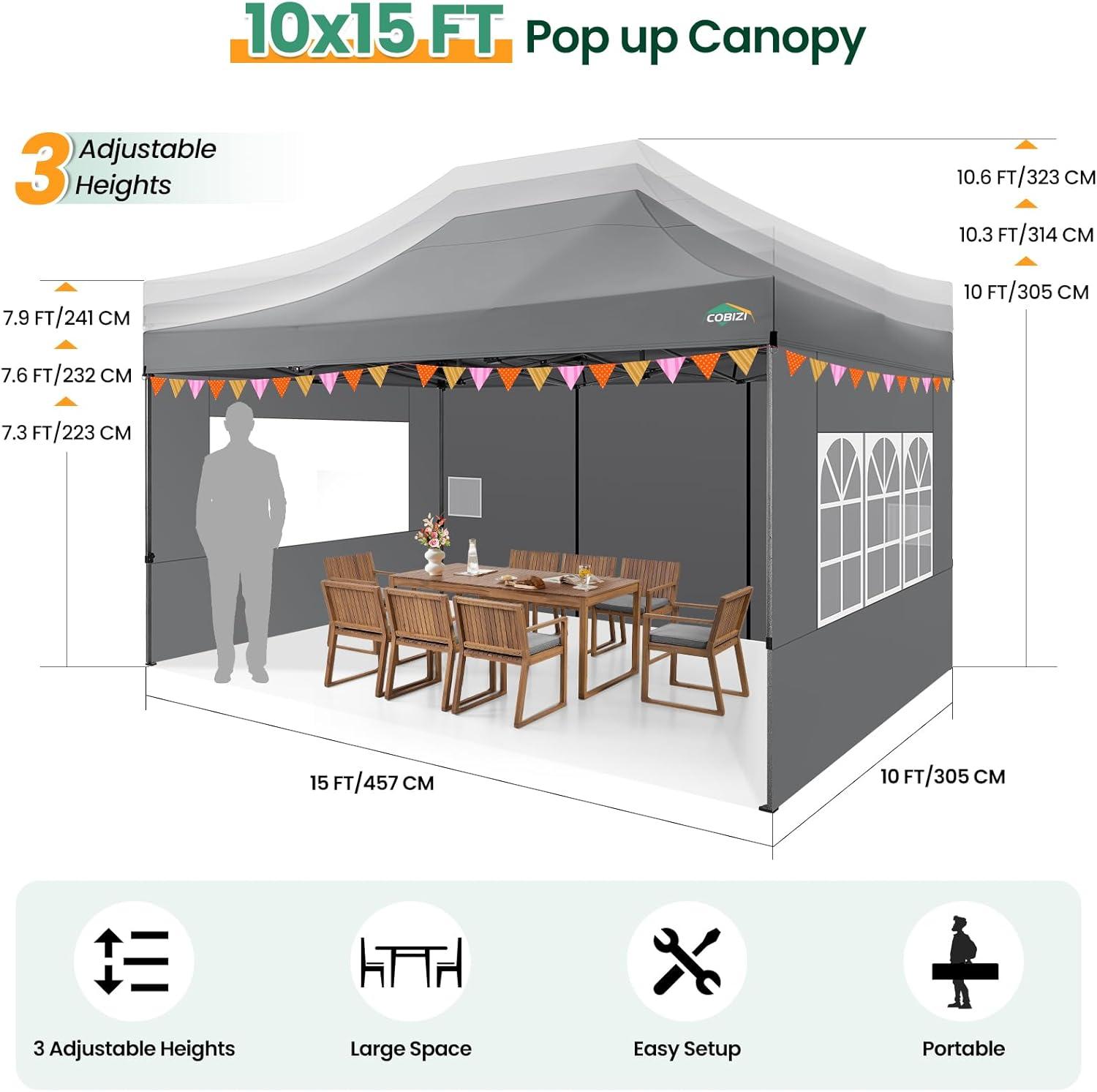 image:imageCOBIZI 10x20 Heavy Duty Pop up Canopy Tent with 6 sidewalls Easy Up Commercial Outdoor Canopy Wedding Party Tents for Parties All Season Wind amp Waterproof Gazebo with Roller BagGreyFrame ThickenedGray
