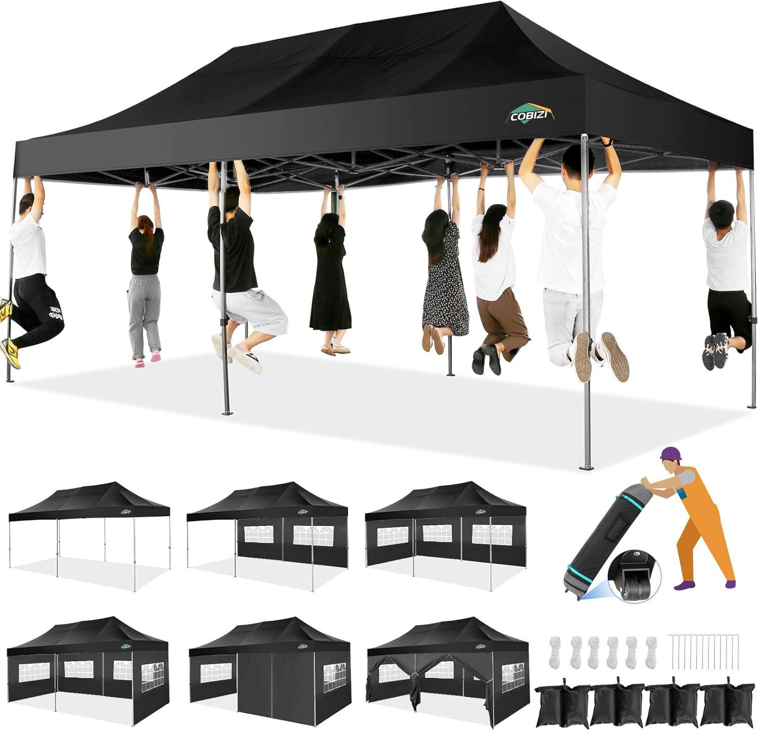 image:imageCOBIZI 10x20 Heavy Duty Pop up Canopy Tent with 6 sidewalls Easy Up Commercial Outdoor Canopy Wedding Party Tents for Parties All Season Wind amp Waterproof Gazebo with Roller BagGreyFrame ThickenedBlack