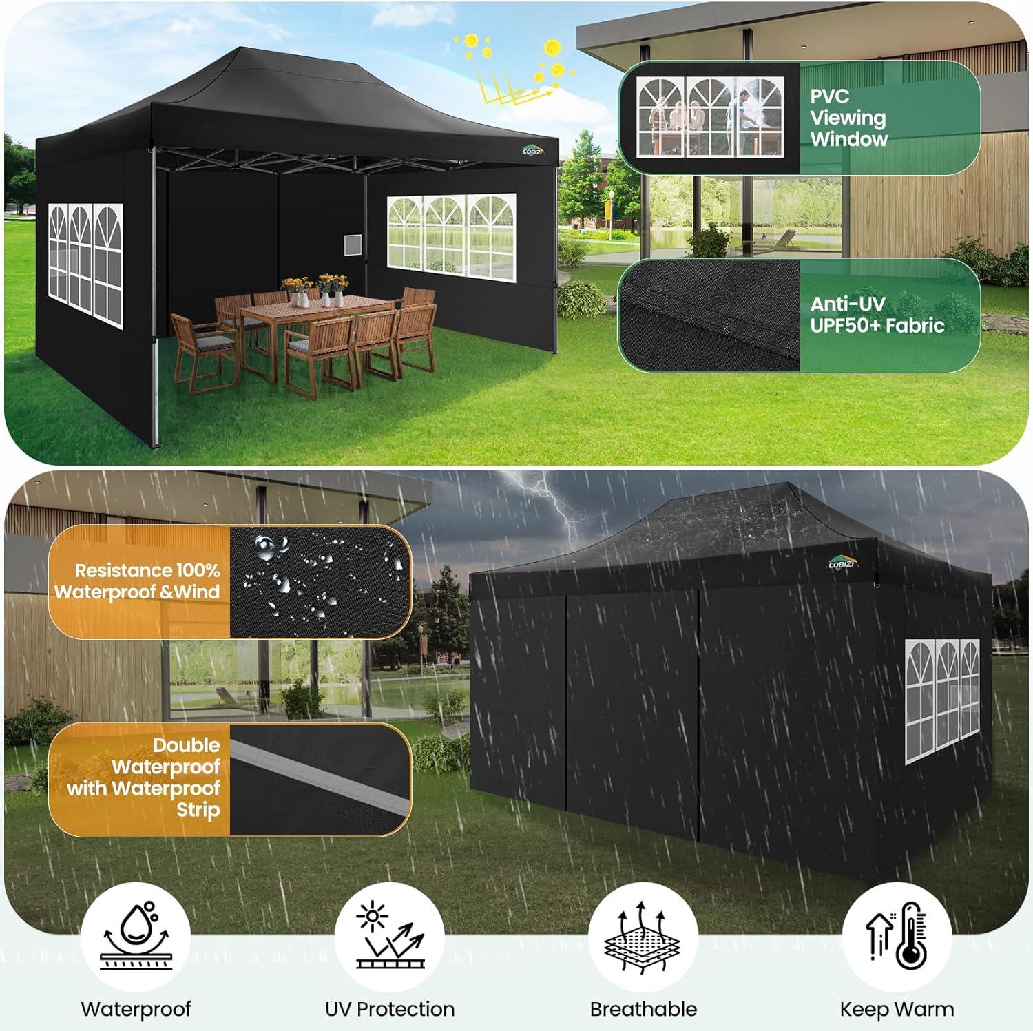 image:imageCOBIZI 10x20 Heavy Duty Pop up Canopy Tent with 6 sidewalls Easy Up Commercial Outdoor Canopy Wedding Party Tents for Parties All Season Wind amp Waterproof Gazebo with Roller BagGreyFrame ThickenedBlack