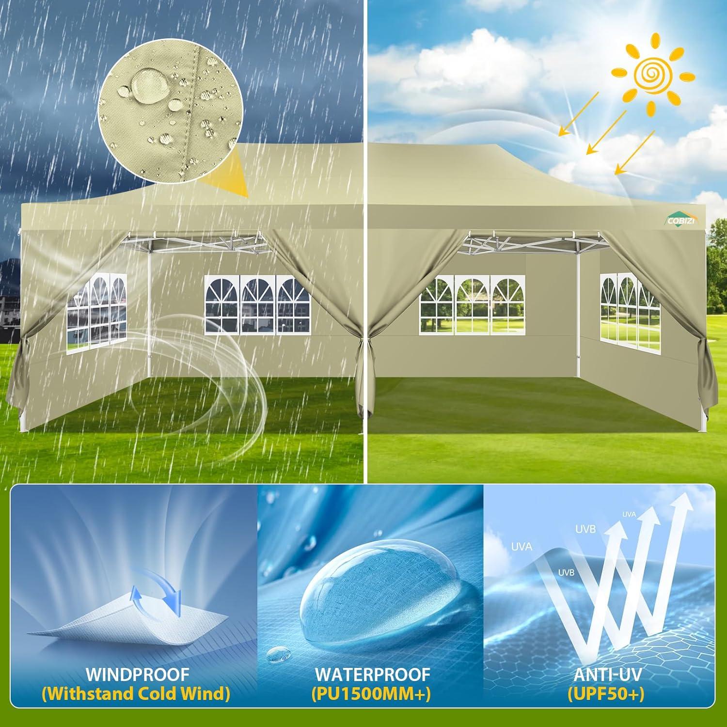image:imageCOBIZI 10x20 Heavy Duty Pop up Canopy Tent with 6 sidewalls Easy Up Commercial Outdoor Canopy Wedding Party Tents for Parties All Season Wind amp Waterproof Gazebo with Roller BagGreyFrame ThickenedKhaki