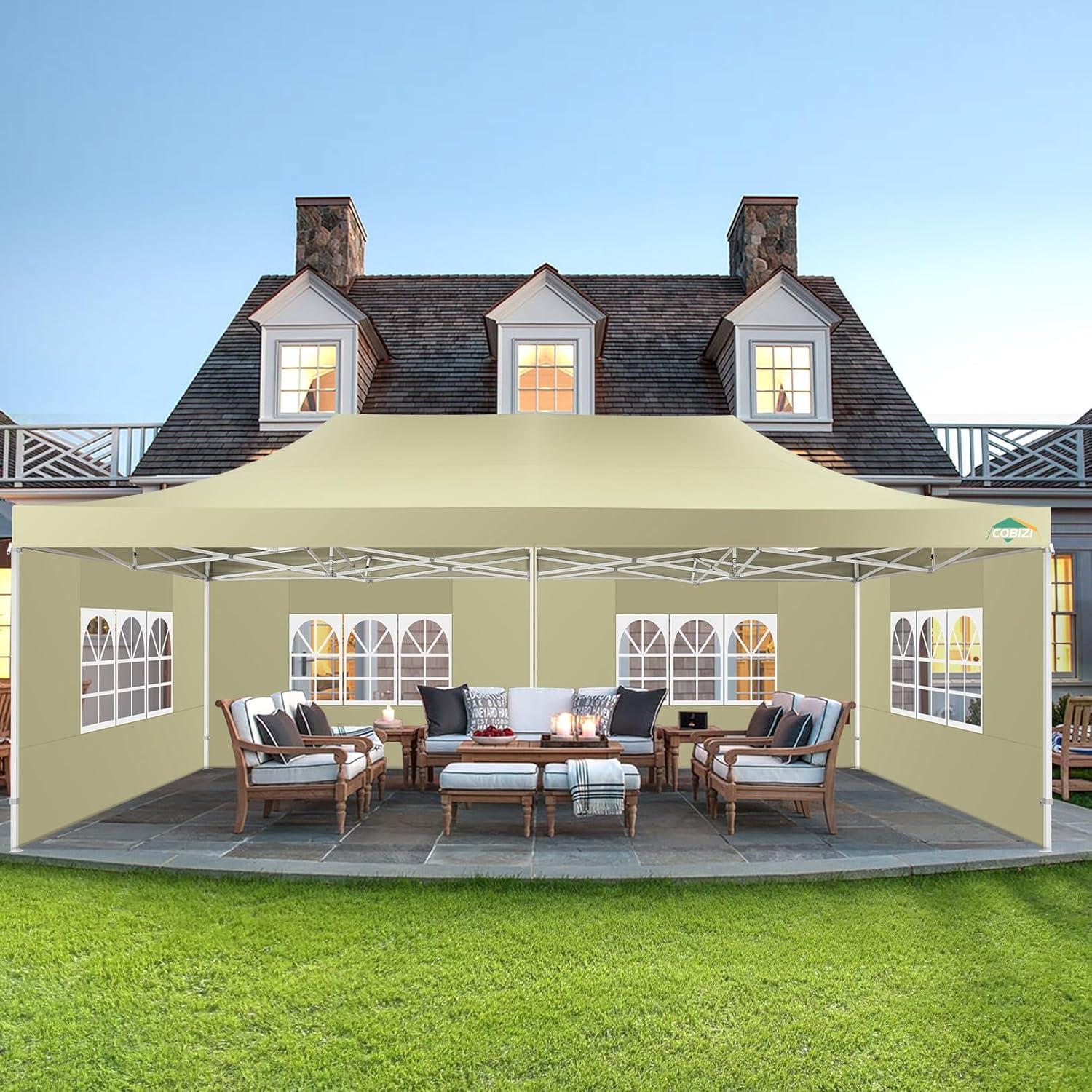 image:imageCOBIZI 10x20 Heavy Duty Pop up Canopy Tent with 6 sidewalls Easy Up Commercial Outdoor Canopy Wedding Party Tents for Parties All Season Wind amp Waterproof Gazebo with Roller BagGreyFrame ThickenedKhaki