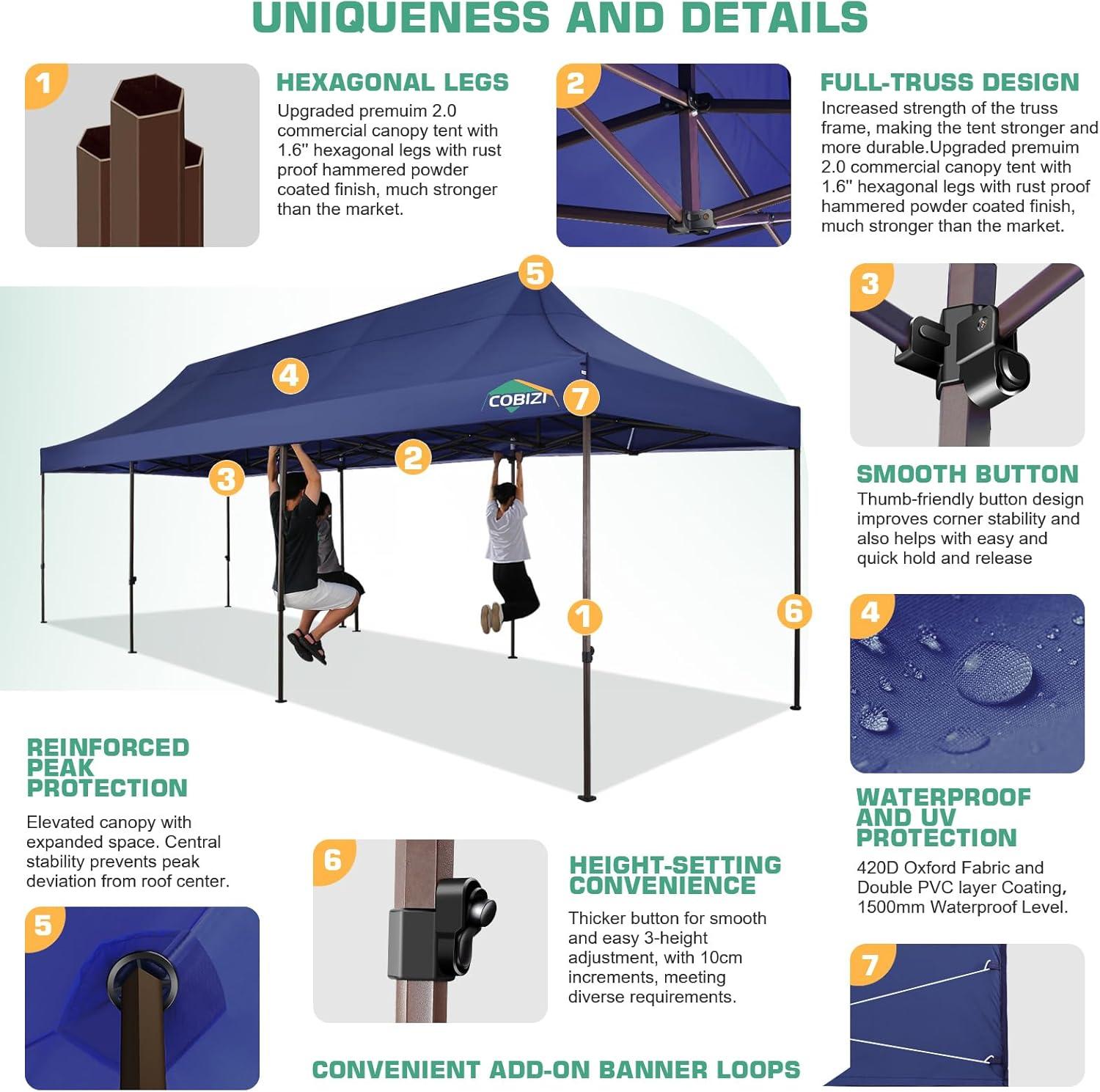 image:imageCOBIZI 10x20 Pop Up Canopy Heavy Duty with 6 Removable Sidewalls Commercial Heavy Duty Pop Up Tent for Parties All Weather Waterproof and UV 50 Wedding Tent with Roller BagFrame UpgradedDeep Blue