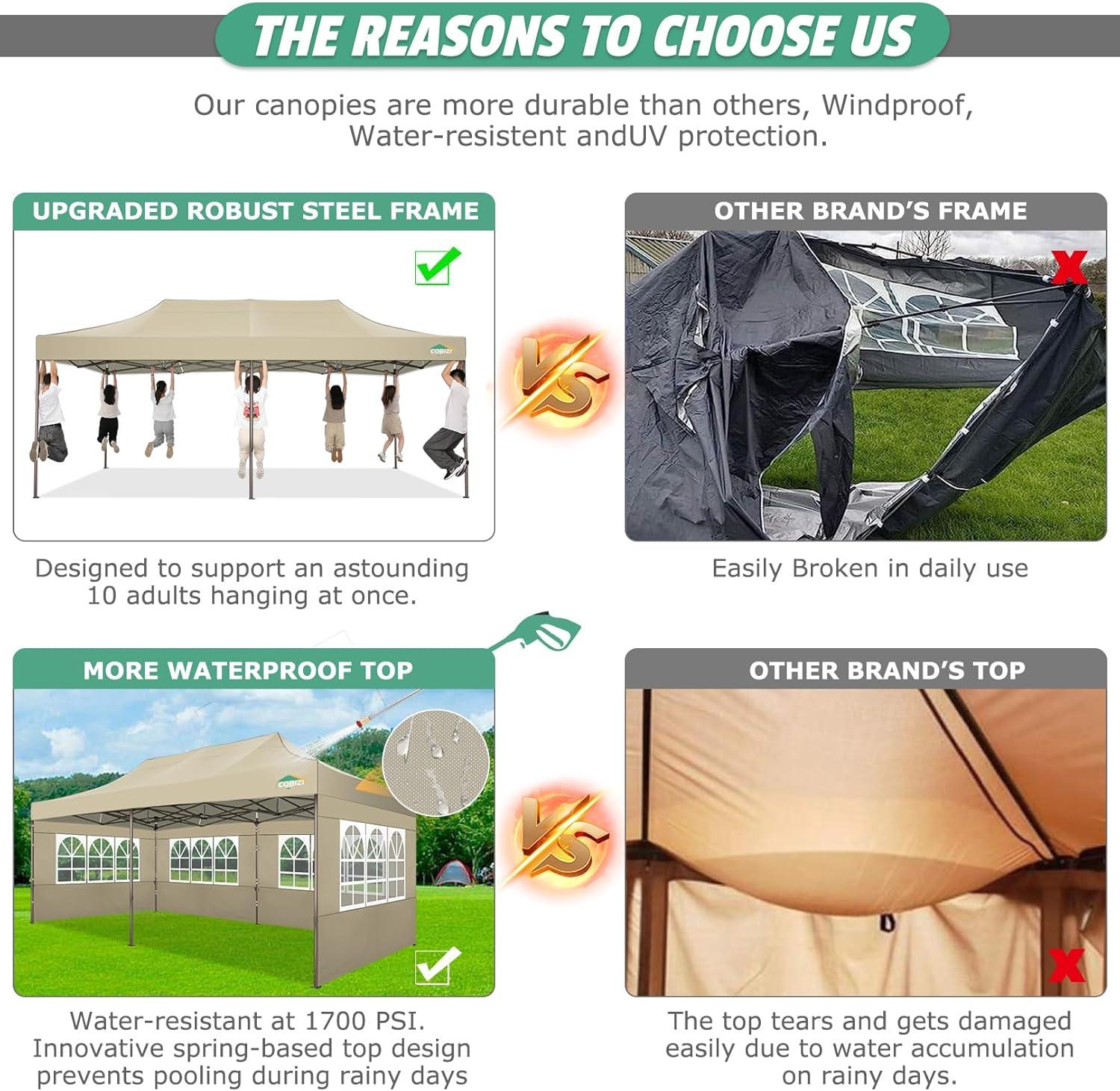 image:imageCOBIZI 10x20 Pop Up Canopy Heavy Duty with 6 Removable Sidewalls Commercial Heavy Duty Pop Up Tent for Parties All Weather Waterproof and UV 50 Wedding Tent with Roller BagFrame UpgradedKhaki