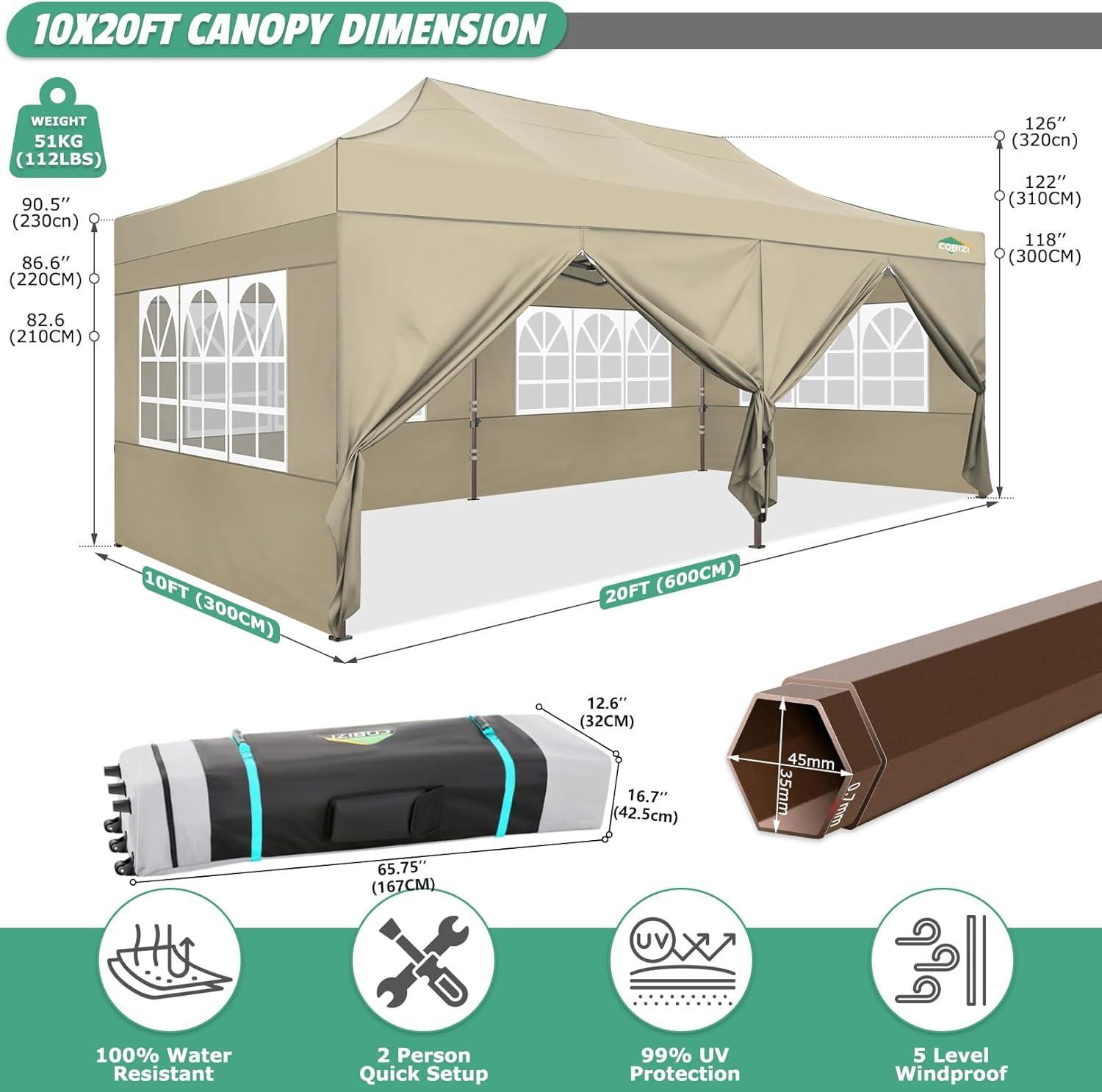 image:imageCOBIZI 10x20 Pop Up Canopy Heavy Duty with 6 Removable Sidewalls Commercial Heavy Duty Pop Up Tent for Parties All Weather Waterproof and UV 50 Wedding Tent with Roller BagFrame UpgradedKhaki