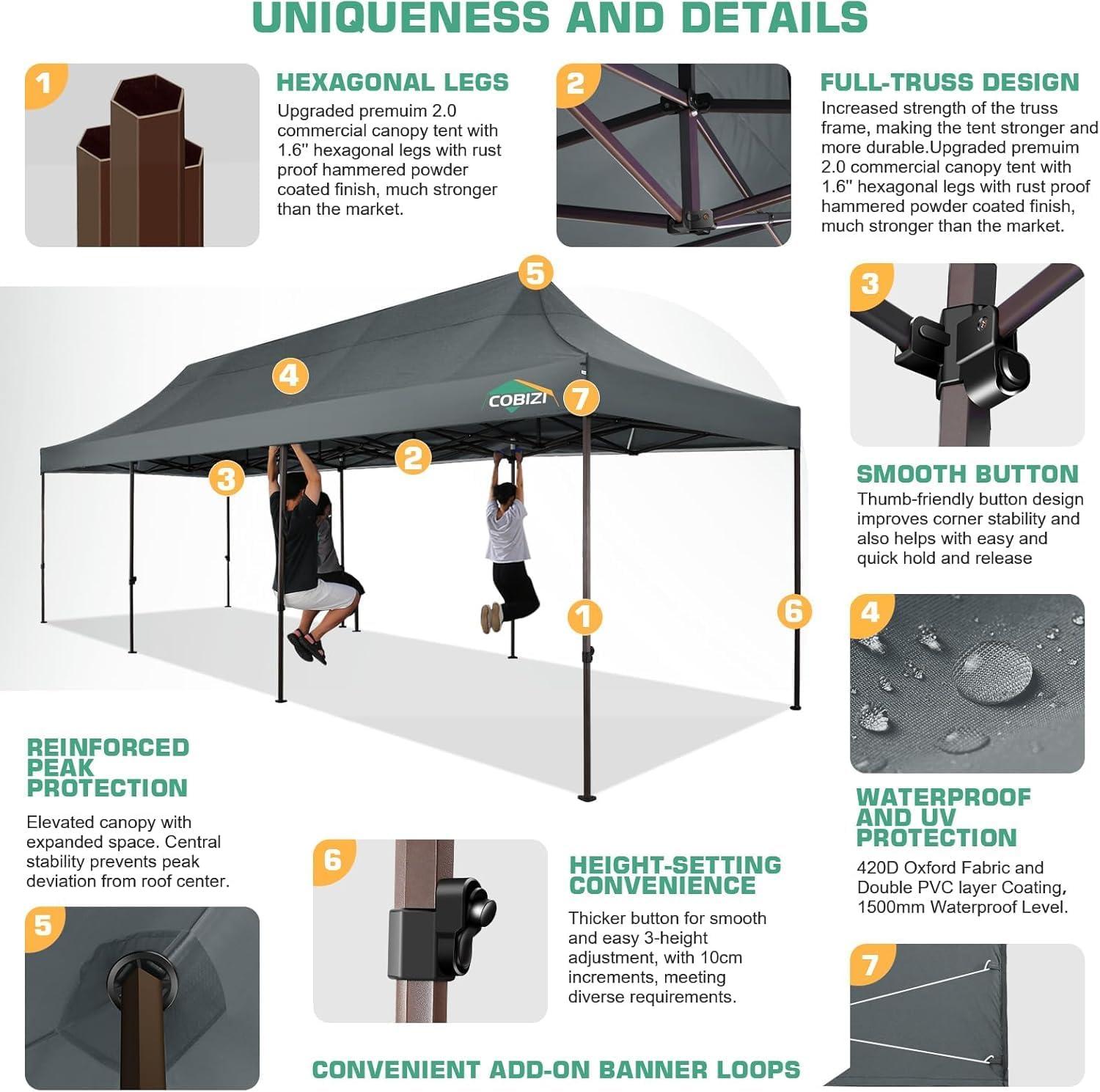 image:imageCOBIZI 10x20 Pop Up Canopy Heavy Duty with 6 Removable Sidewalls Commercial Heavy Duty Pop Up Tent for Parties All Weather Waterproof and UV 50 Wedding Tent with Roller BagFrame UpgradedGray