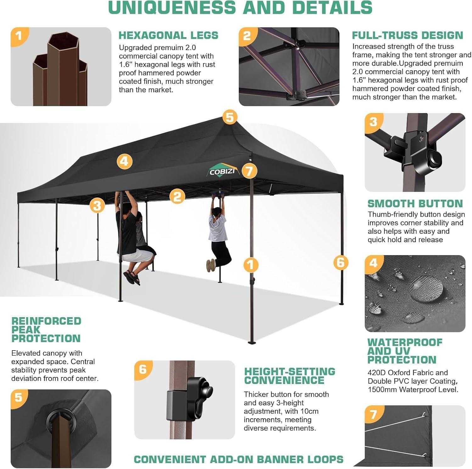 image:imageCOBIZI 10x20 Pop Up Canopy Heavy Duty with 6 Removable Sidewalls Commercial Heavy Duty Pop Up Tent for Parties All Weather Waterproof and UV 50 Wedding Tent with Roller BagFrame UpgradedNight Black