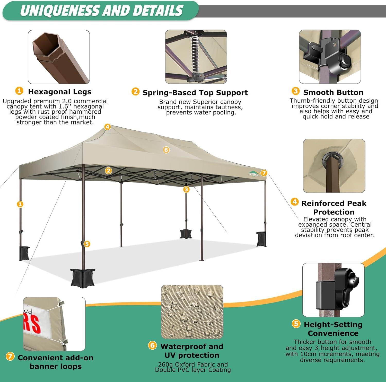 image:imageCOBIZI 10x20 Pop Up Canopy Heavy Duty with 6 Removable Sidewalls Commercial Heavy Duty Pop Up Tent for Parties All Weather Waterproof and UV 50 Wedding Tent with Roller BagFrame UpgradedKhaki