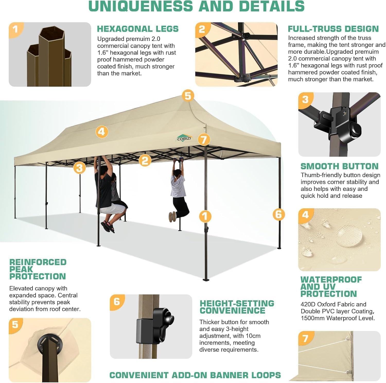 image:imageCOBIZI 10x20 Pop Up Canopy Heavy Duty with 6 Removable Sidewalls Commercial Heavy Duty Pop Up Tent for Parties All Weather Waterproof and UV 50 Wedding Tent with Roller BagFrame UpgradedLight Khaki