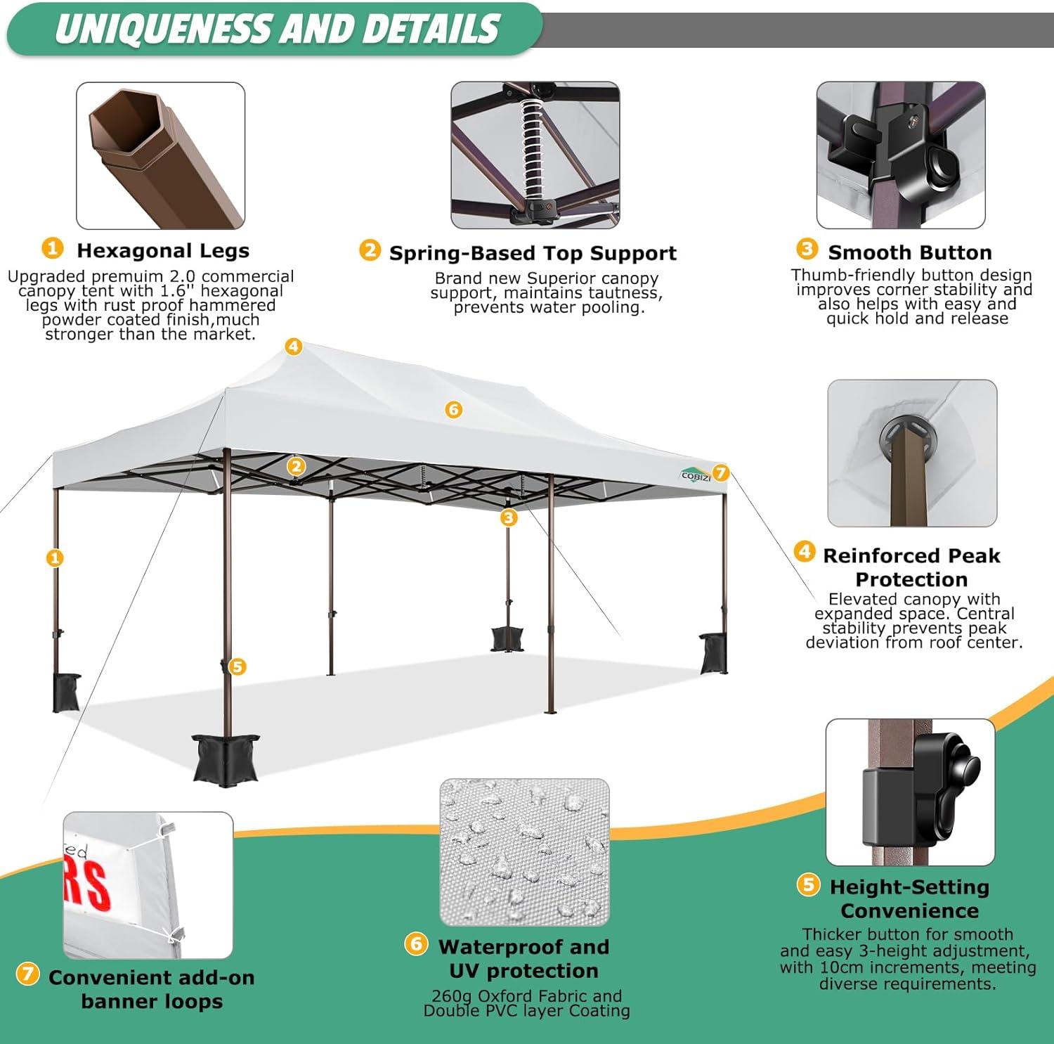image:imageCOBIZI 10x20 Pop Up Canopy Heavy Duty with 6 Removable Sidewalls Commercial Heavy Duty Pop Up Tent for Parties All Weather Waterproof and UV 50 Wedding Tent with Roller BagFrame UpgradedWhite