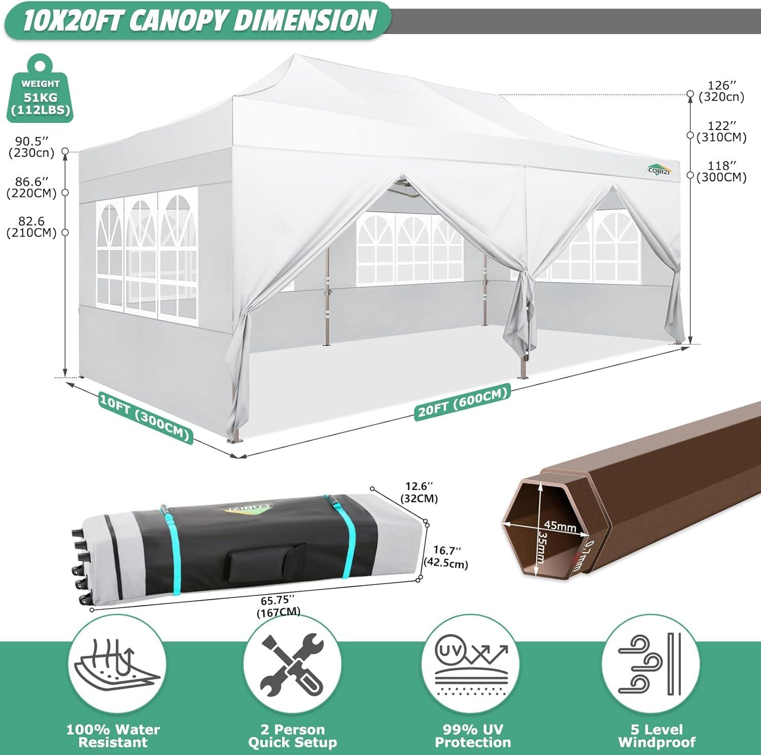 image:imageCOBIZI 10x20 Pop Up Canopy Heavy Duty with 6 Removable Sidewalls Commercial Heavy Duty Pop Up Tent for Parties All Weather Waterproof and UV 50 Wedding Tent with Roller BagFrame UpgradedWhite