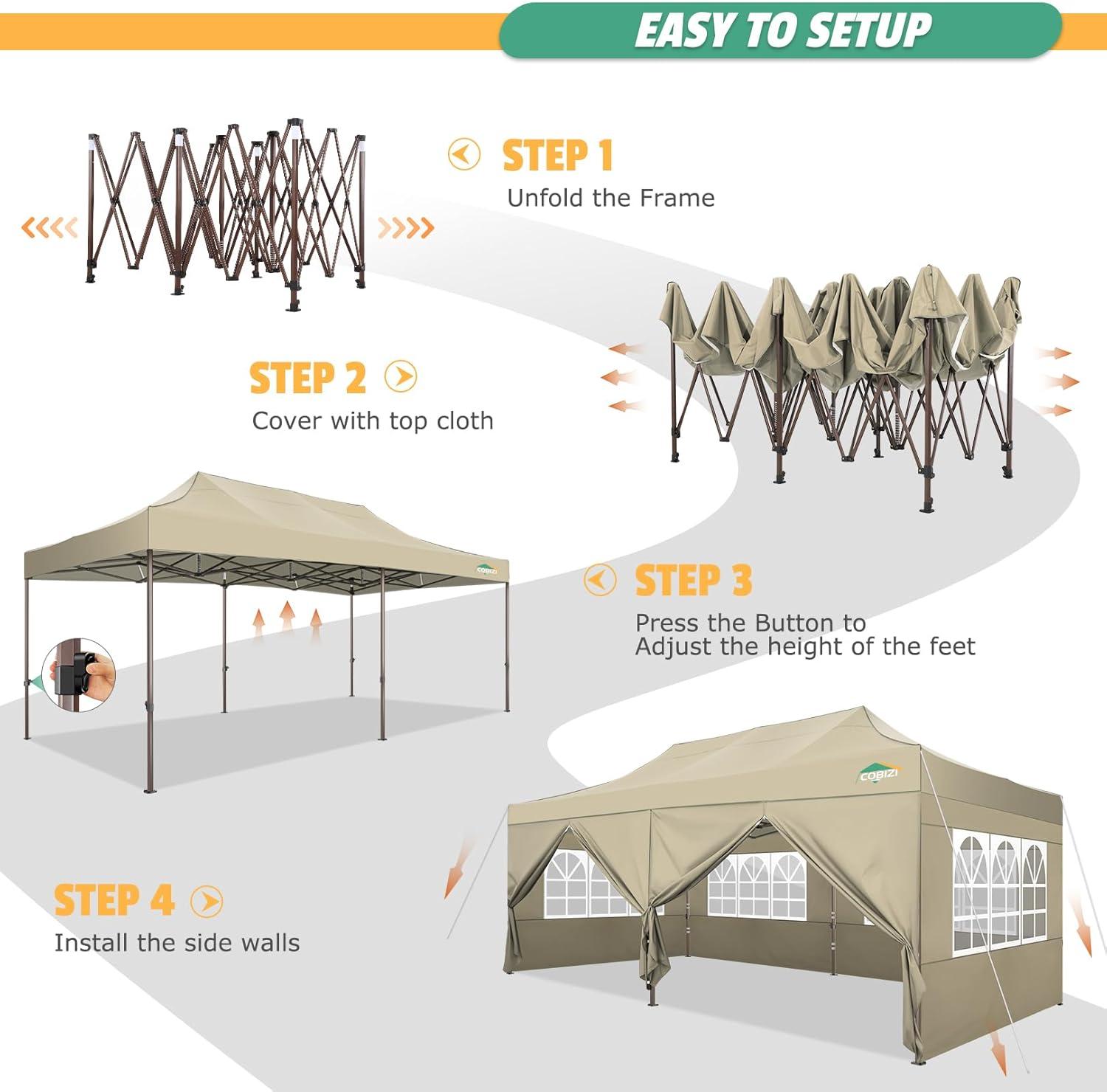 image:imageCOBIZI 10x20 Pop Up Canopy Heavy Duty with 6 Removable Sidewalls Commercial Heavy Duty Pop Up Tent for Parties All Weather Waterproof and UV 50 Wedding Tent with Roller BagFrame UpgradedKhaki