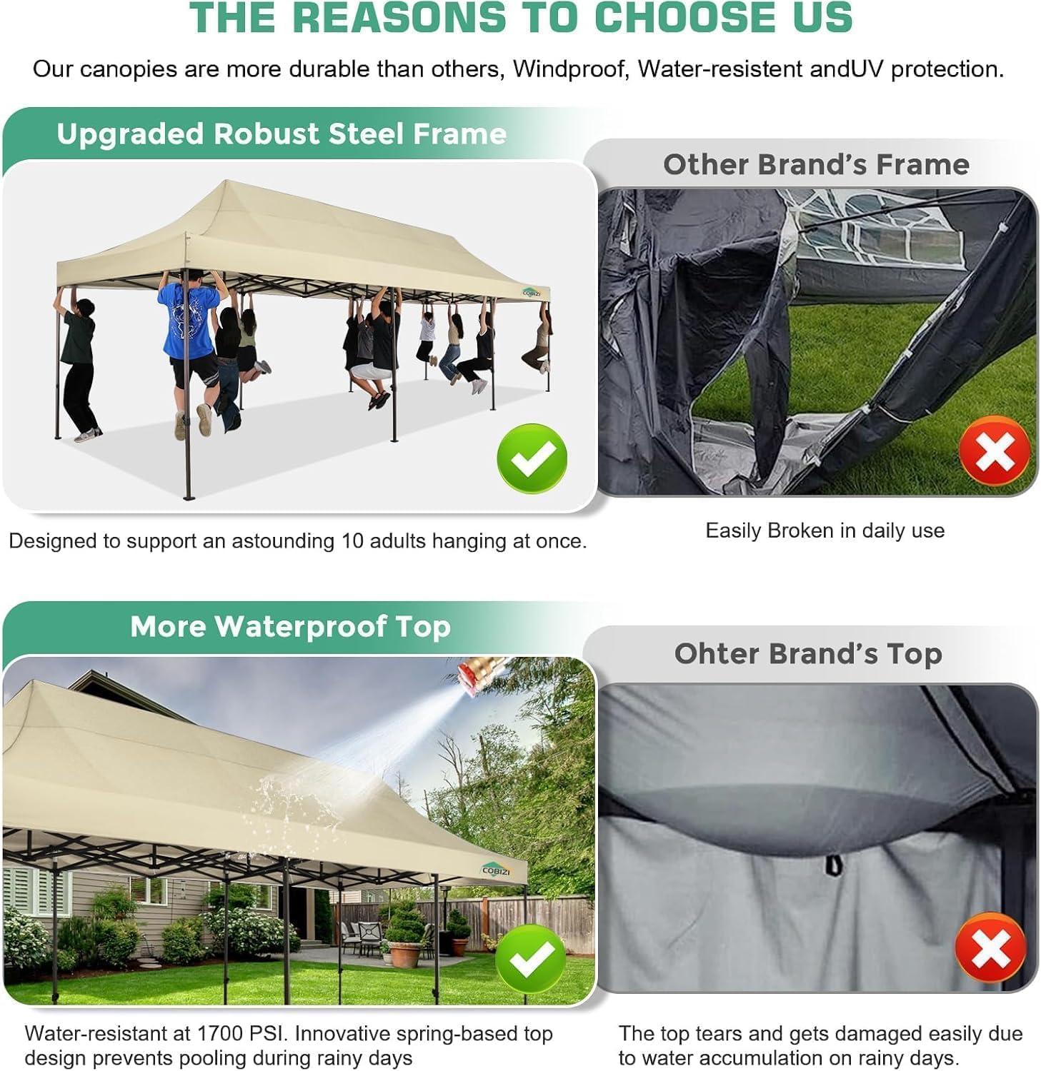 image:imageCOBIZI 10x20 Pop Up Canopy Heavy Duty with 6 Removable Sidewalls Commercial Heavy Duty Pop Up Tent for Parties All Weather Waterproof and UV 50 Wedding Tent with Roller BagFrame UpgradedLight Khaki