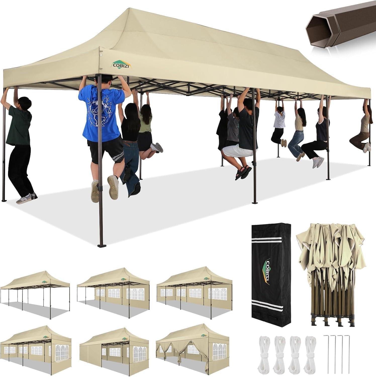 image:imageCOBIZI 10x20 Pop Up Canopy Heavy Duty with 6 Removable Sidewalls Commercial Heavy Duty Pop Up Tent for Parties All Weather Waterproof and UV 50 Wedding Tent with Roller BagFrame UpgradedKhaki