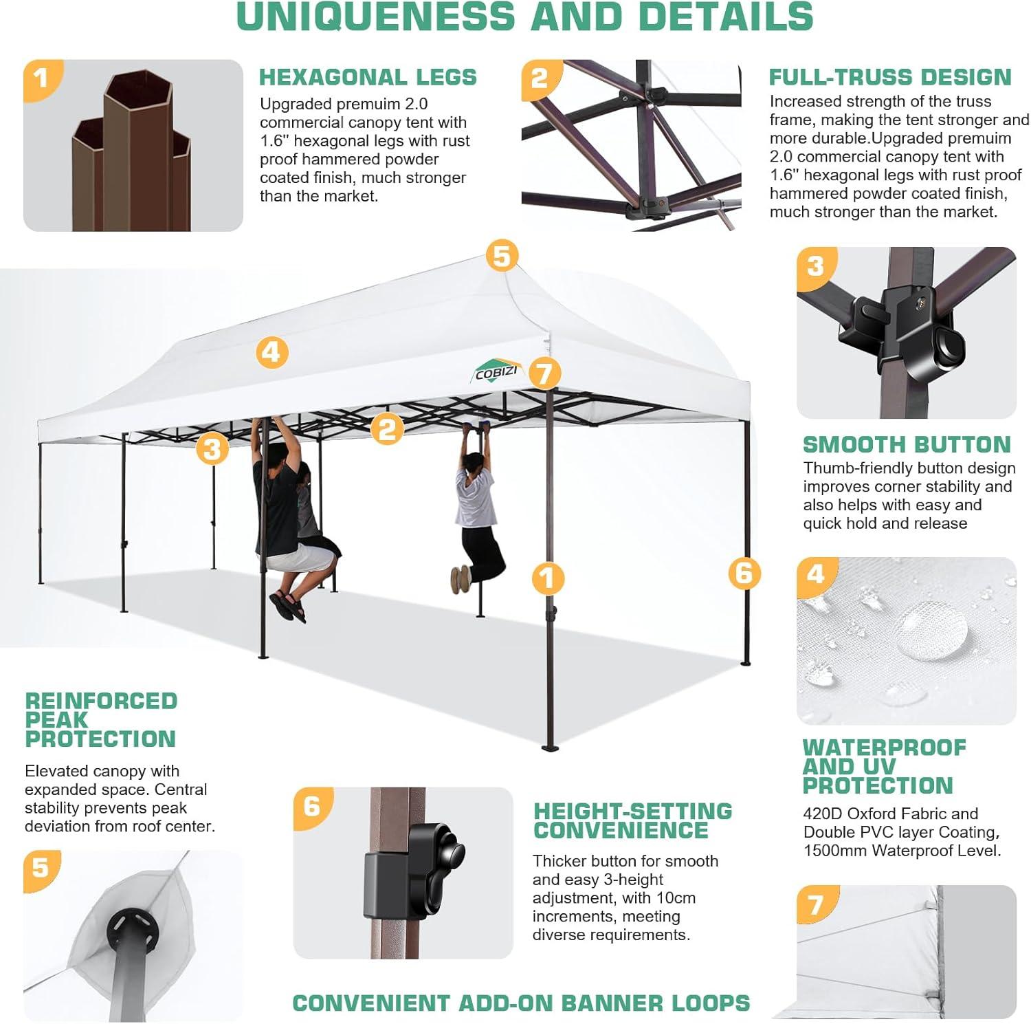 image:imageCOBIZI 10x20 Pop Up Canopy Heavy Duty with 6 Removable Sidewalls Commercial Heavy Duty Pop Up Tent for Parties All Weather Waterproof and UV 50 Wedding Tent with Roller BagFrame UpgradedWhite