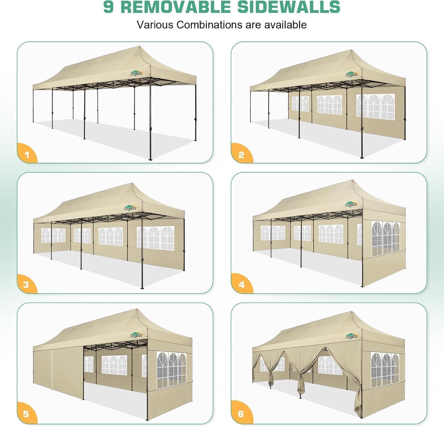 image:imageCOBIZI 10x20 Pop Up Canopy Heavy Duty with 6 Removable Sidewalls Commercial Heavy Duty Pop Up Tent for Parties All Weather Waterproof and UV 50 Wedding Tent with Roller BagFrame UpgradedKhaki