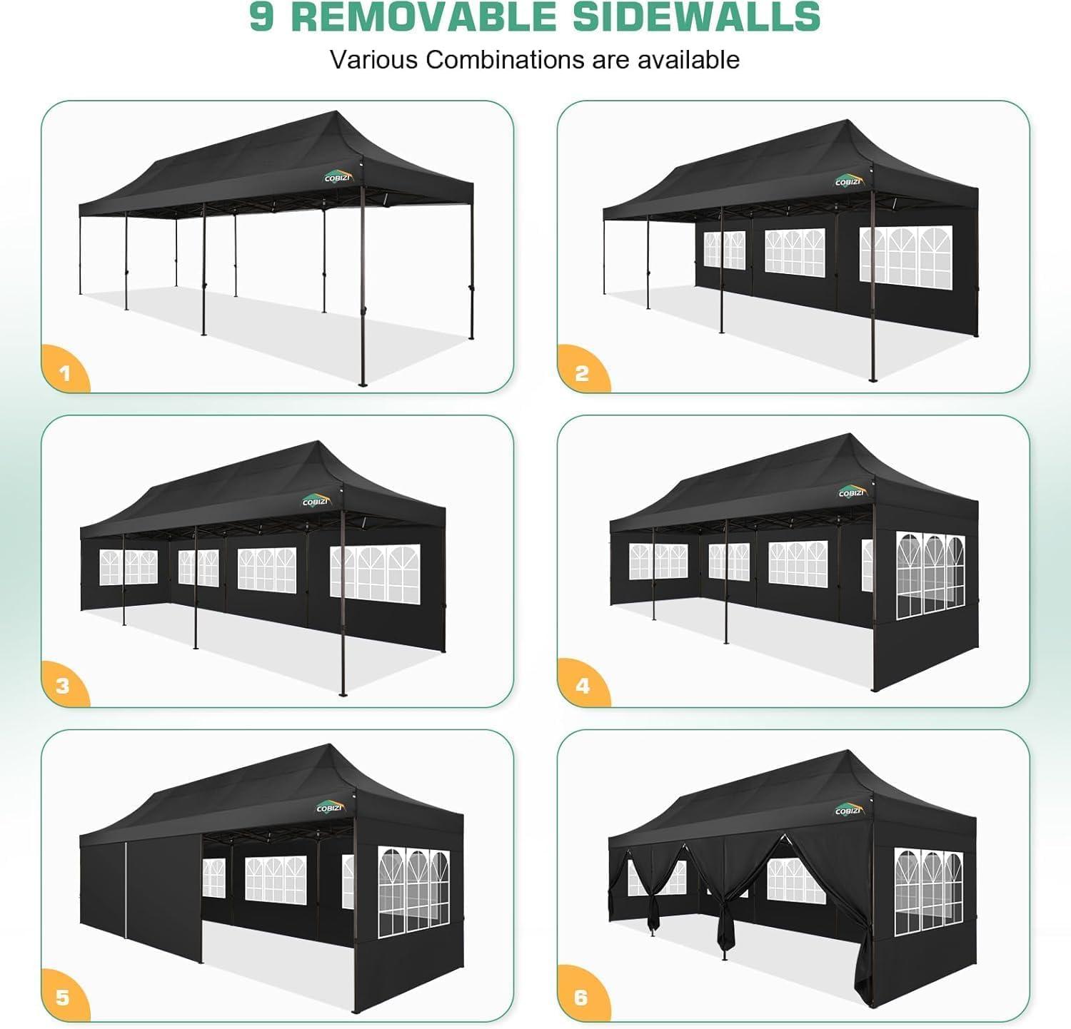 image:imageCOBIZI 10x20 Pop Up Canopy Heavy Duty with 6 Removable Sidewalls Commercial Heavy Duty Pop Up Tent for Parties All Weather Waterproof and UV 50 Wedding Tent with Roller BagFrame UpgradedNight Black