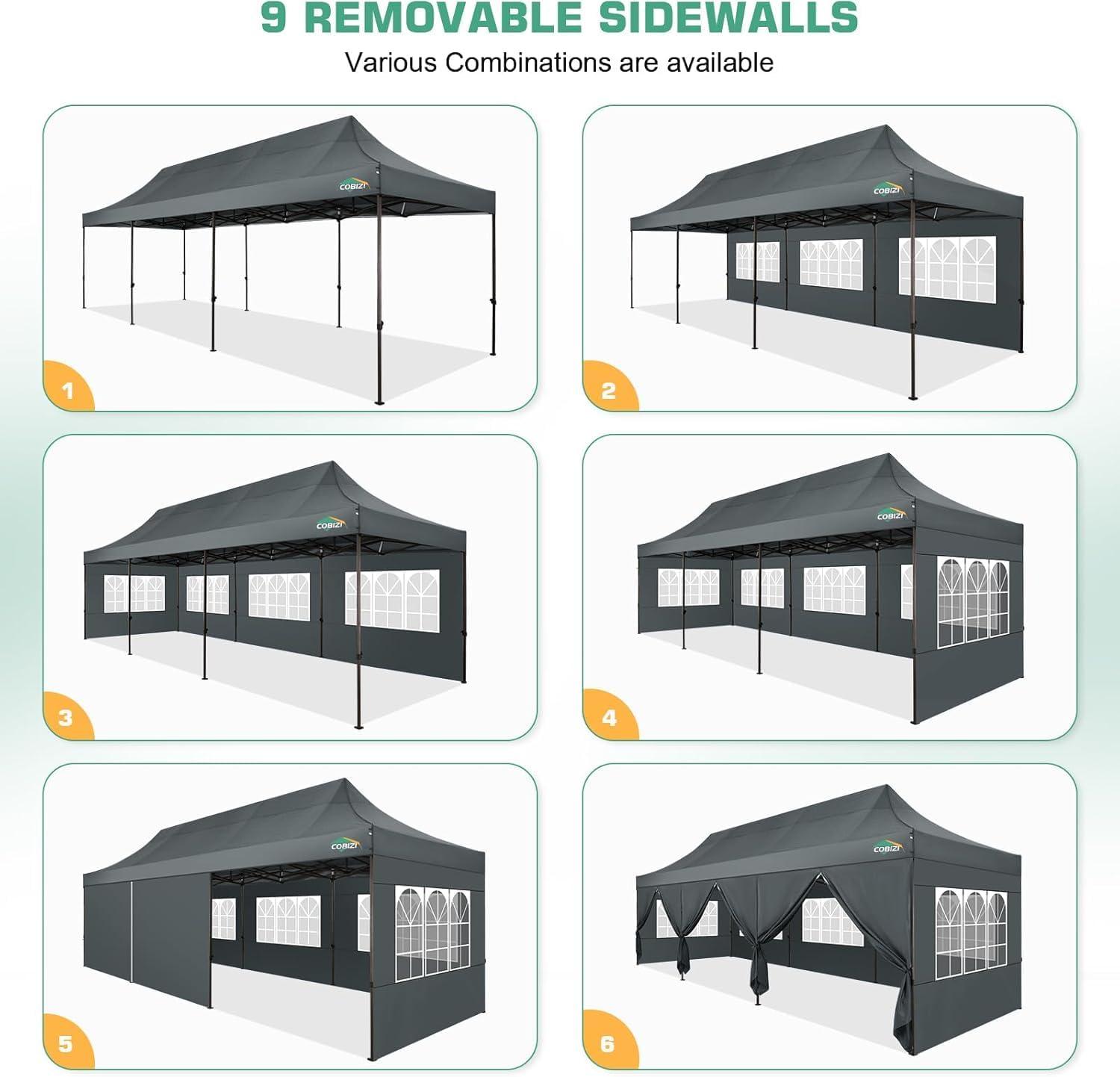 image:imageCOBIZI 10x20 Pop Up Canopy Heavy Duty with 6 Removable Sidewalls Commercial Heavy Duty Pop Up Tent for Parties All Weather Waterproof and UV 50 Wedding Tent with Roller BagFrame UpgradedGray