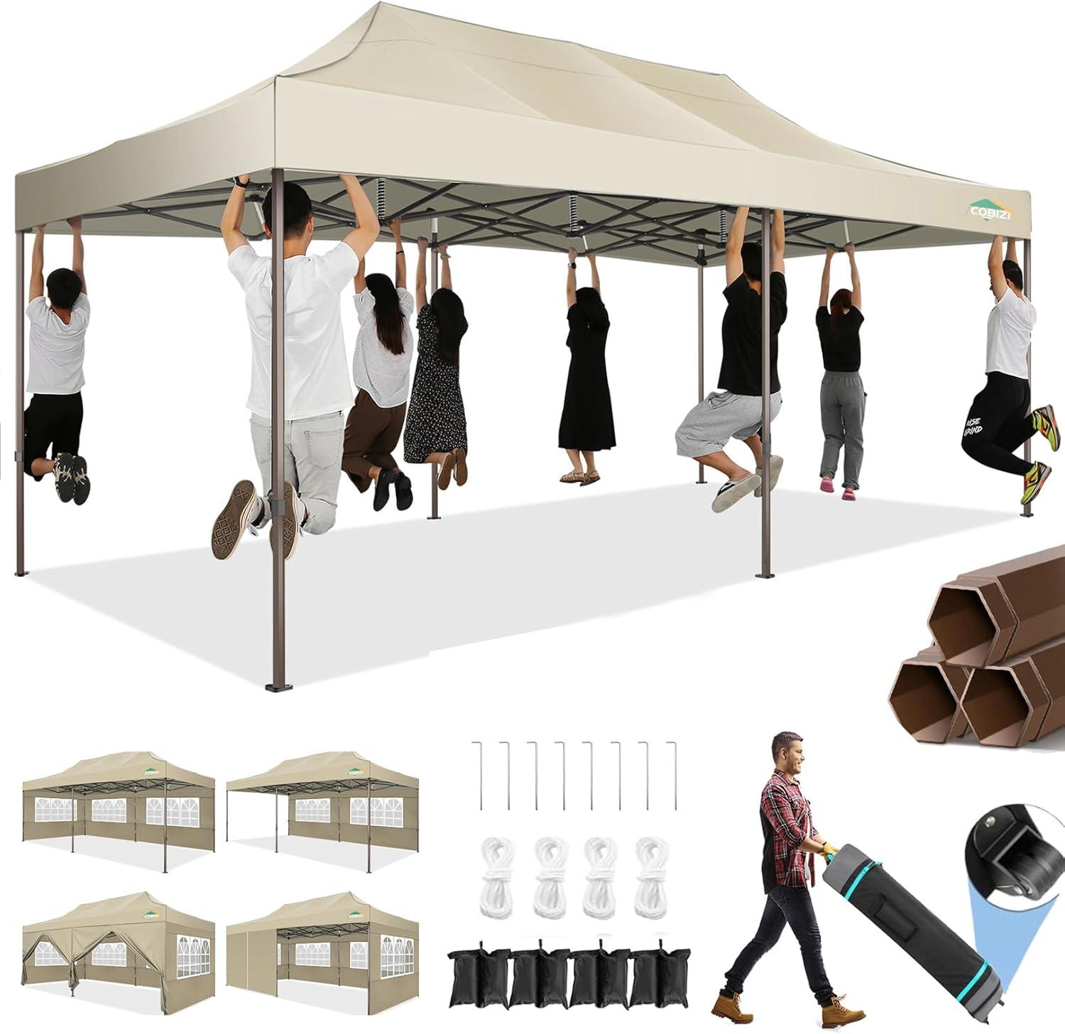image:imageCOBIZI 10x20 Pop Up Canopy Heavy Duty with 6 Removable Sidewalls Commercial Heavy Duty Pop Up Tent for Parties All Weather Waterproof and UV 50 Wedding Tent with Roller BagFrame UpgradedKhaki