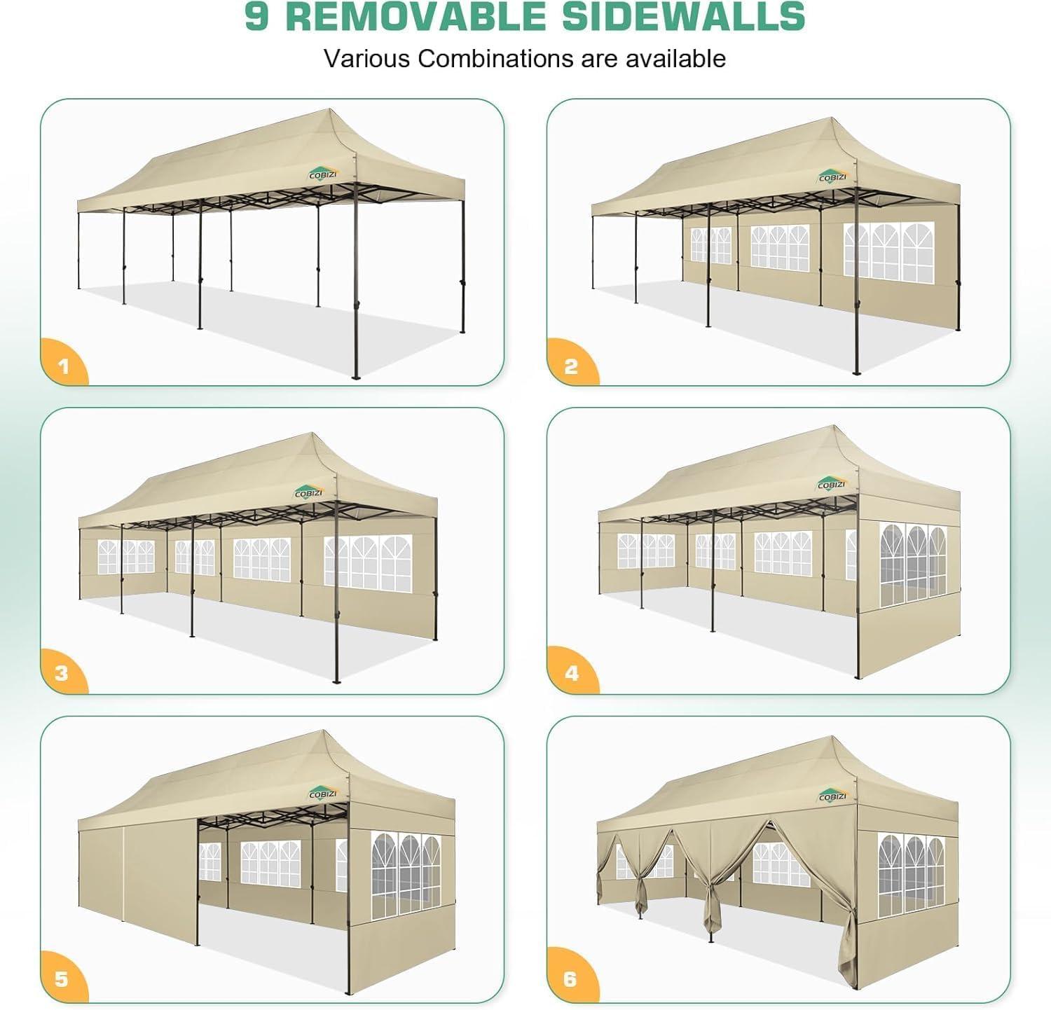 image:imageCOBIZI 10x20 Pop Up Canopy Heavy Duty with 6 Removable Sidewalls Commercial Heavy Duty Pop Up Tent for Parties All Weather Waterproof and UV 50 Wedding Tent with Roller BagFrame UpgradedLight Khaki