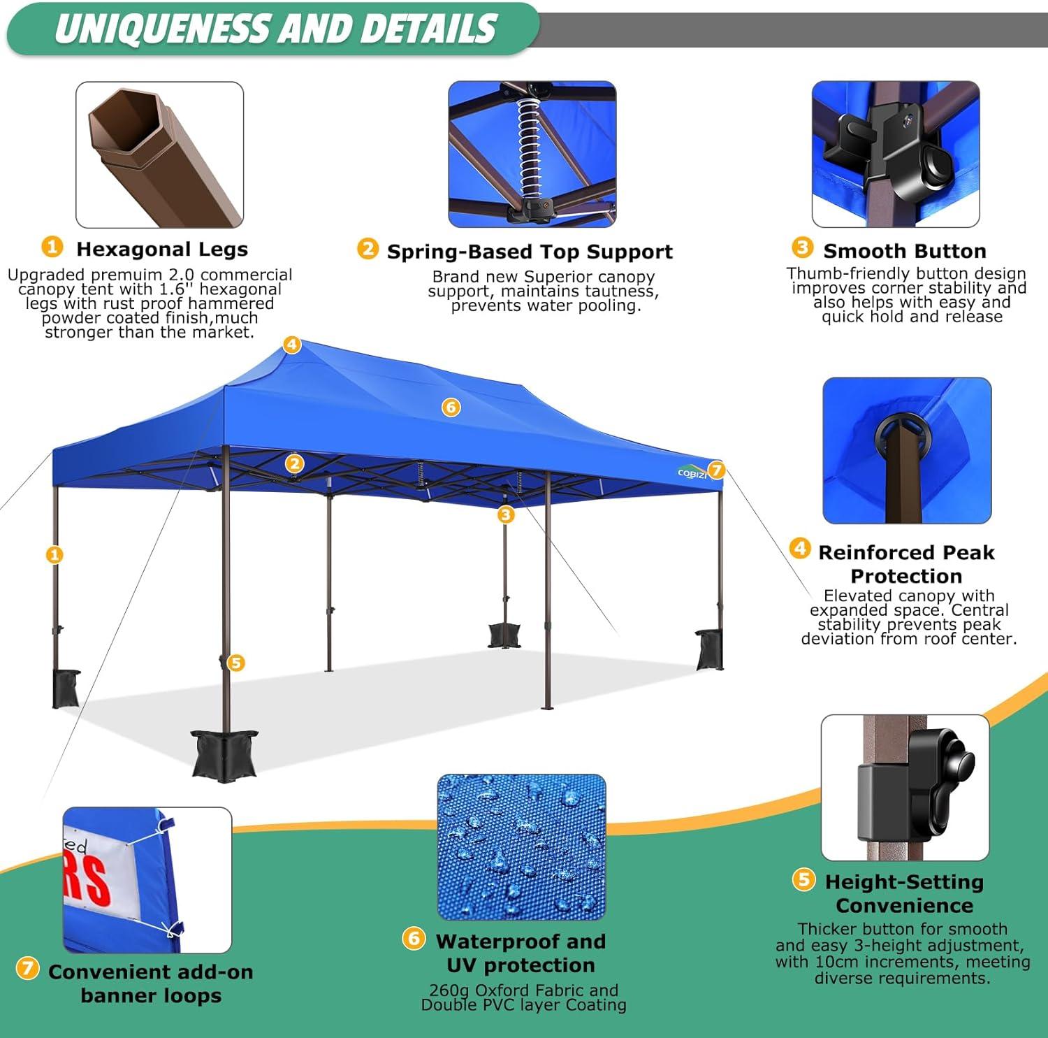 image:imageCOBIZI 10x20 Pop Up Canopy Tent Heavy Duty with 6 Removable Sidewalls Commercial Heavy Duty Pop Up Tent for Parties All Weather Waterproof and UV 50 Wedding Tent with Roller BagFrame UpgradeBlue