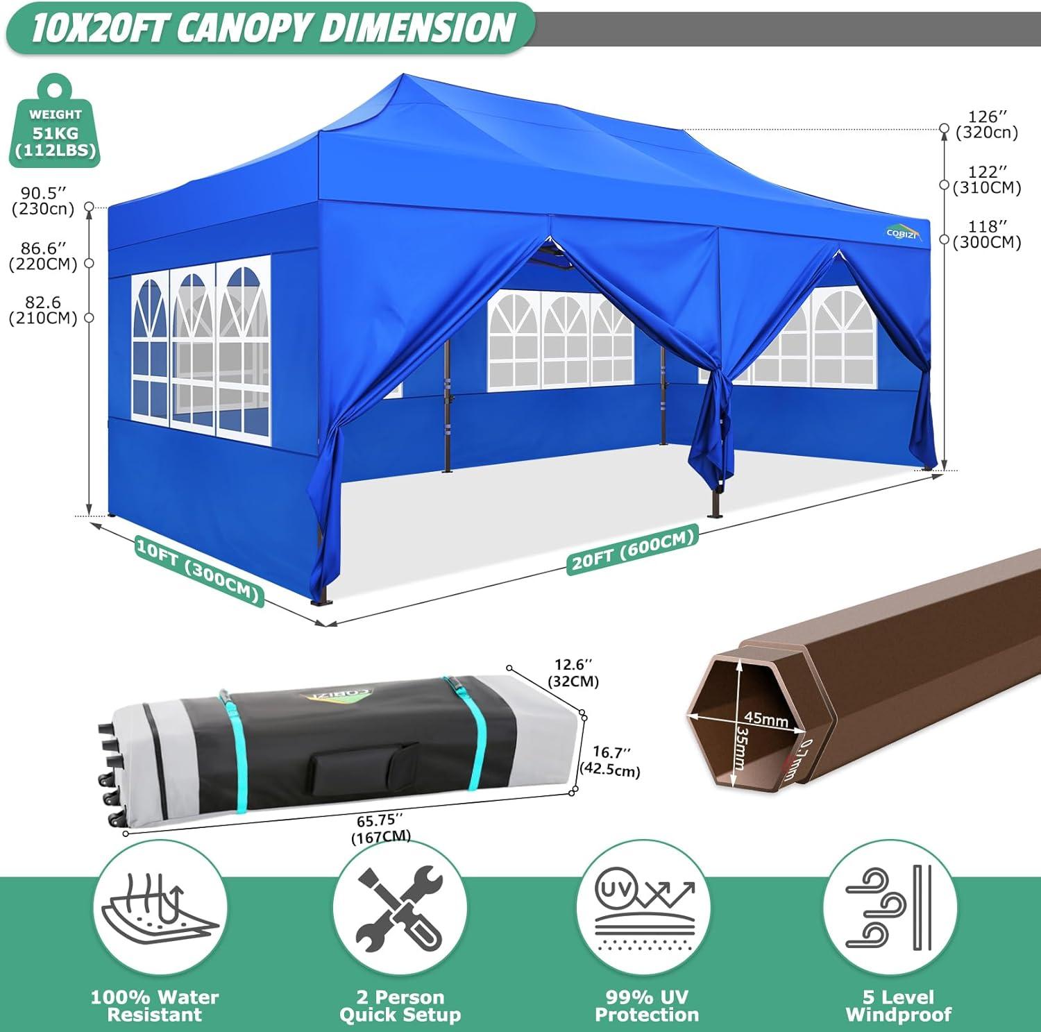 image:imageCOBIZI 10x20 Pop Up Canopy Tent Heavy Duty with 6 Removable Sidewalls Commercial Heavy Duty Pop Up Tent for Parties All Weather Waterproof and UV 50 Wedding Tent with Roller BagFrame UpgradeBlue