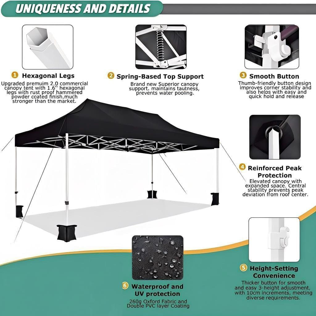 image:imageCOBIZI 10x20 Pop Up Canopy Tent Heavy Duty with 6 Removable Sidewalls Commercial Heavy Duty Pop Up Tent for Parties All Weather Waterproof and UV 50 Wedding Tent with Roller BagFrame UpgradeBlack