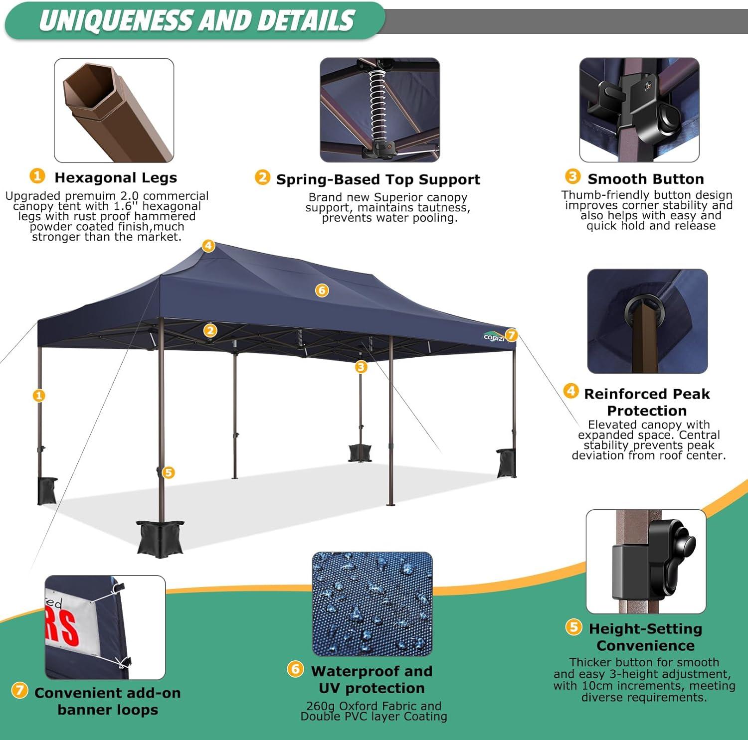 image:imageCOBIZI 10x20 Pop Up Canopy Tent Heavy Duty with 6 Removable Sidewalls Commercial Heavy Duty Pop Up Tent for Parties All Weather Waterproof and UV 50 Wedding Tent with Roller BagLegs Upgraded