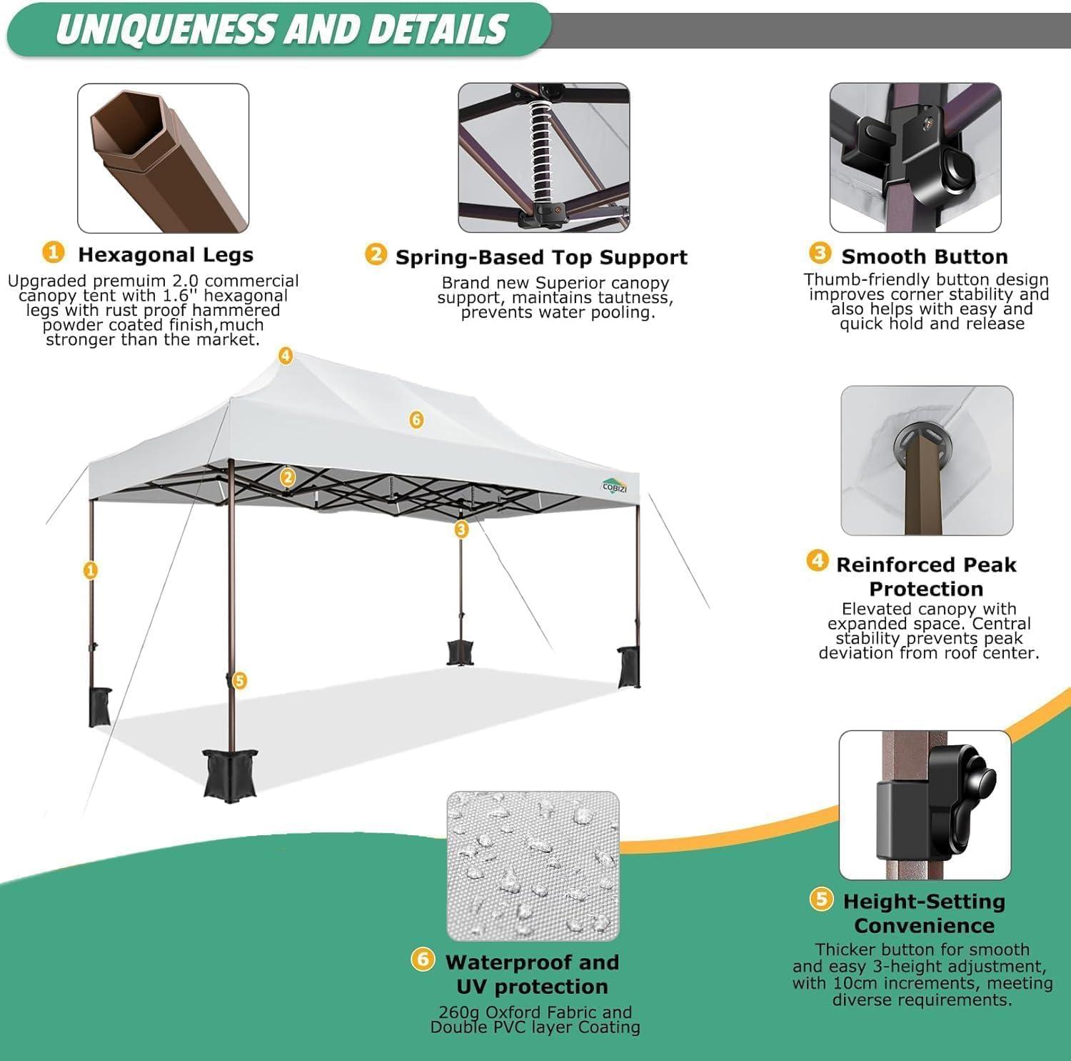 image:imageCOBIZI 10x20 Pop Up Canopy Tent Heavy Duty with 6 Removable Sidewalls Commercial Heavy Duty Pop Up Tent for Parties All Weather Waterproof and UV 50 Wedding Tent with Roller BagFrame UpgradeWhite