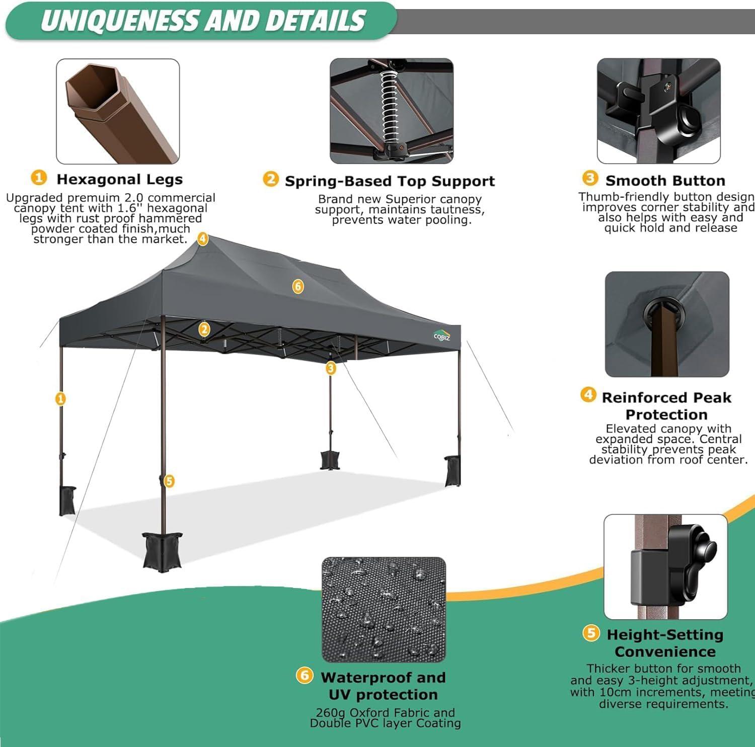 image:imageCOBIZI 10x20 Pop Up Canopy Tent Heavy Duty with 6 Removable Sidewalls Commercial Heavy Duty Pop Up Tent for Parties All Weather Waterproof and UV 50 Wedding Tent with Roller BagFrame UpgradeGray