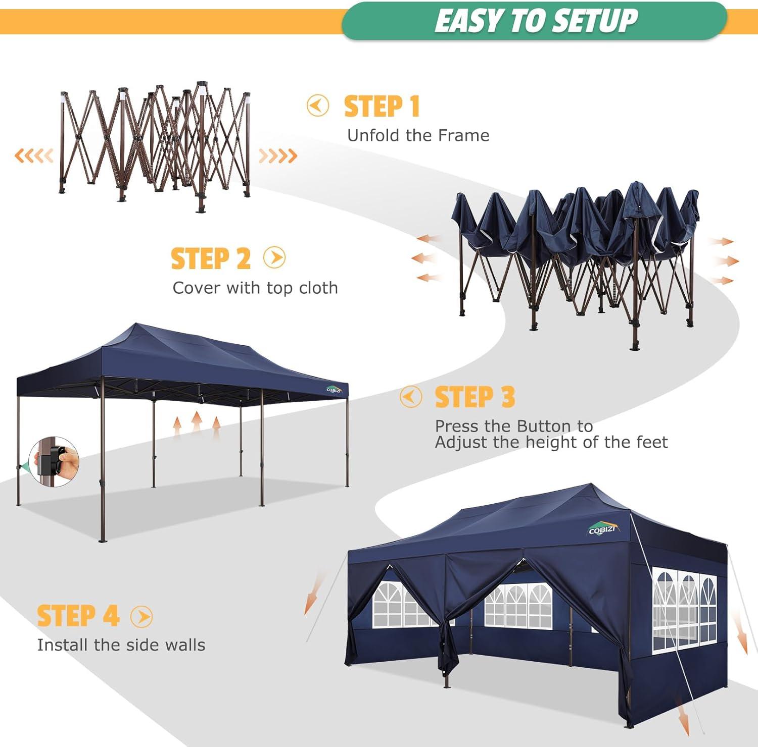 image:imageCOBIZI 10x20 Pop Up Canopy Tent Heavy Duty with 6 Removable Sidewalls Commercial Heavy Duty Pop Up Tent for Parties All Weather Waterproof and UV 50 Wedding Tent with Roller BagLegs Upgraded