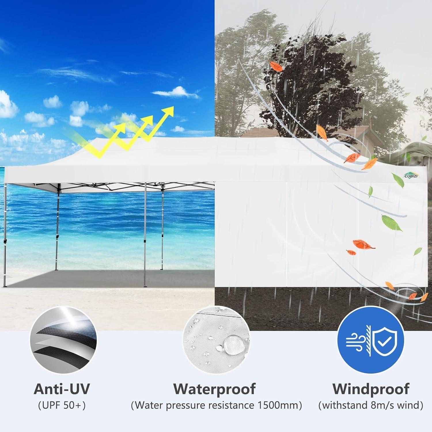 image:imageCOBIZI 10x30 Pop up Canopy Tent 10x30 Canopy with Sidewalls Heavy Duty Party Tent Tents for Parties Foldable UPF 50 Waterproof Commercial Easy up Canopy with Roller Bag BlackWindproof UpgradedMist White