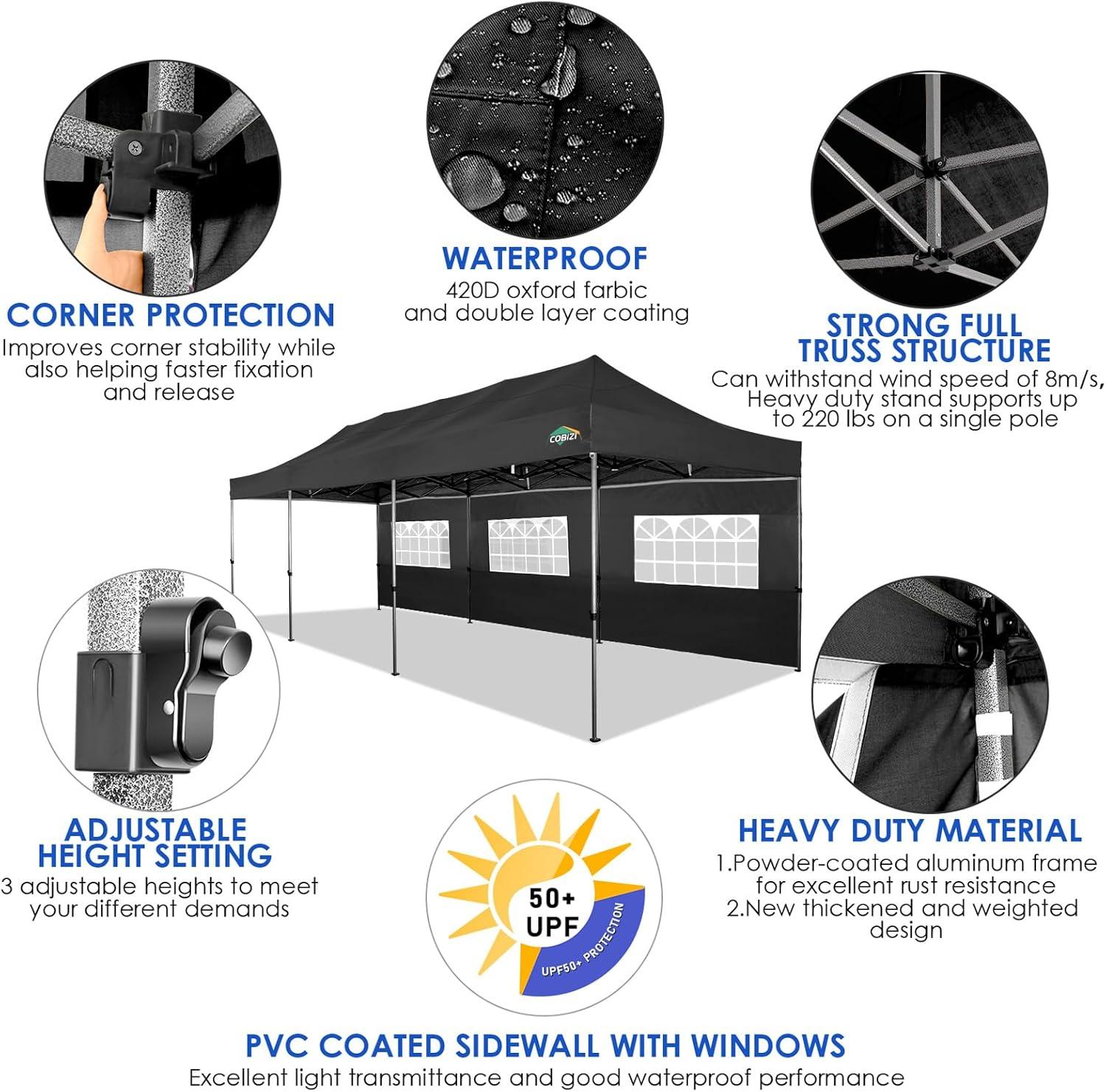 image:imageCOBIZI 10x30 Pop up Canopy Tent 10x30 Canopy with Sidewalls Heavy Duty Party Tent Tents for Parties Foldable UPF 50 Waterproof Commercial Easy up Canopy with Roller Bag BlackWindproof UpgradedCoffee Black