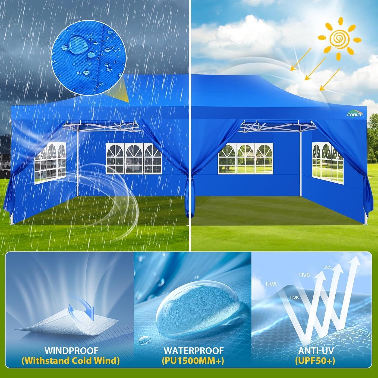image:imageCOBIZI 10x30 Pop up Canopy Tent 10x30 Canopy with Sidewalls Heavy Duty Party Tent Tents for Parties Foldable UPF 50 Waterproof Commercial Easy up Canopy with Roller Bag BlackWindproof UpgradedBlue