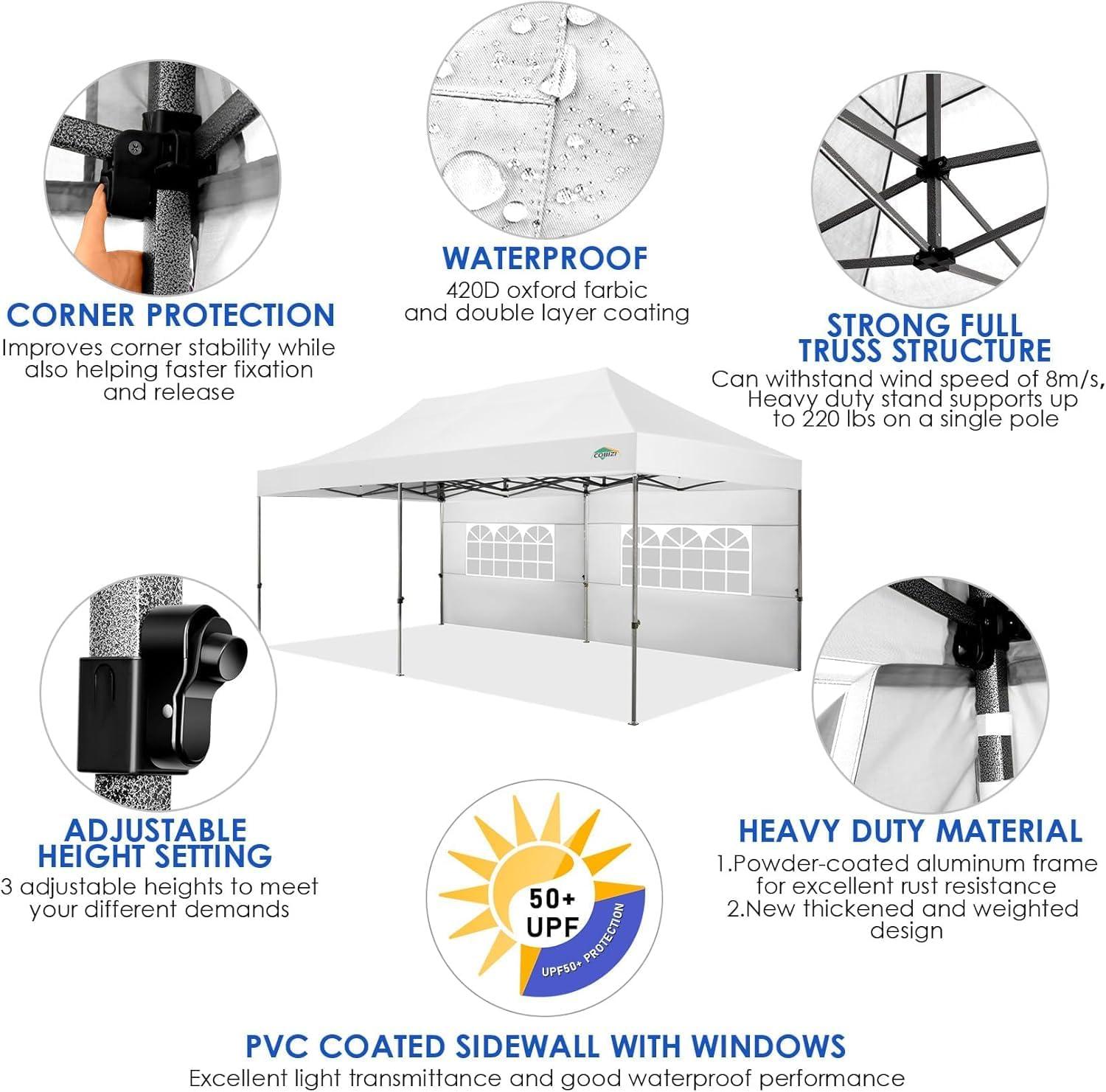 image:imageCOBIZI 10x30 Pop up Canopy Tent 10x30 Canopy with Sidewalls Heavy Duty Party Tent Tents for Parties Foldable UPF 50 Waterproof Commercial Easy up Canopy with Roller Bag BlackWindproof UpgradedWhite