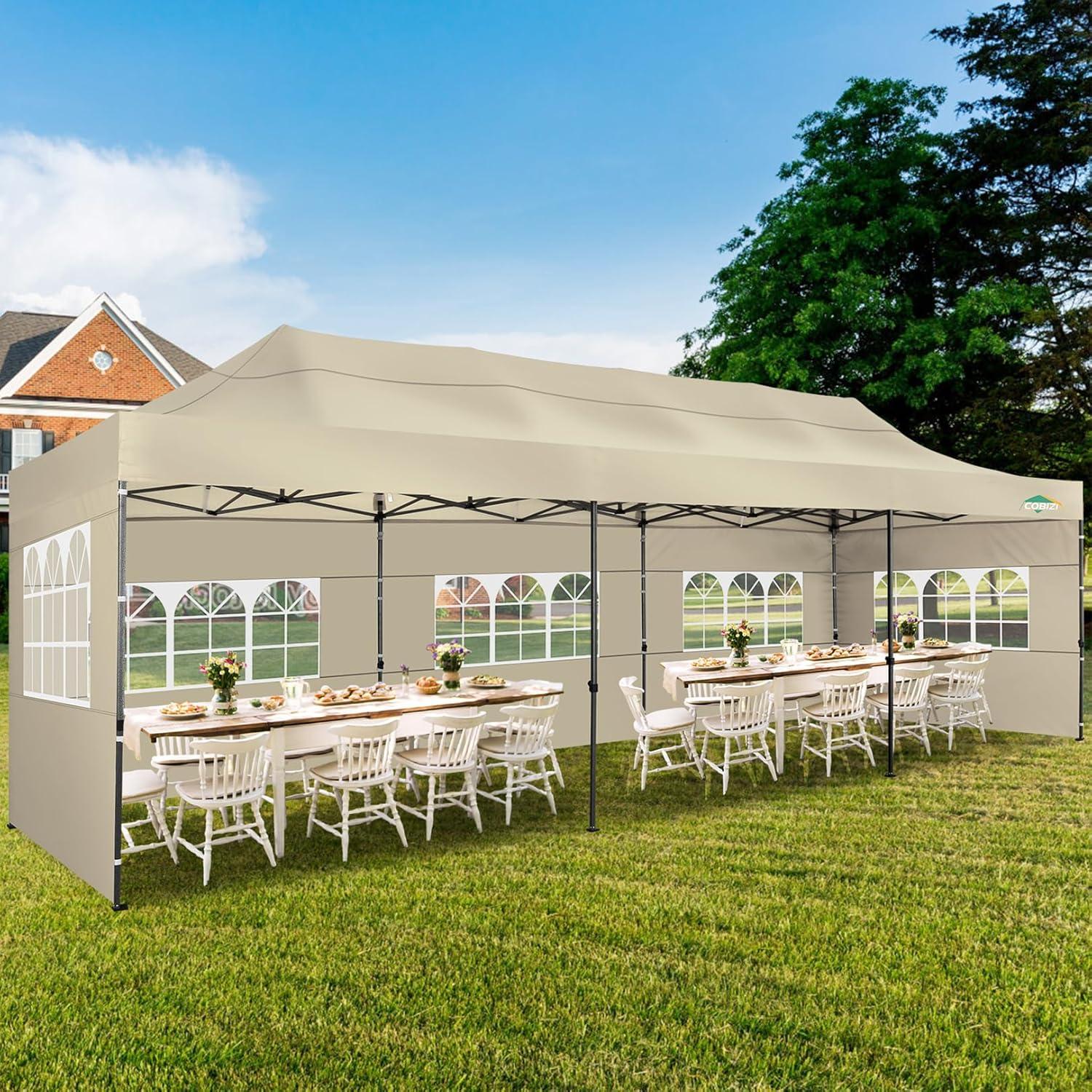 image:imageCOBIZI 10x30 Pop up Canopy Tent 10x30 Canopy with Sidewalls Heavy Duty Party Tent Tents for Parties Foldable UPF 50 Waterproof Commercial Easy up Canopy with Roller Bag BlackWindproof UpgradedBeige
