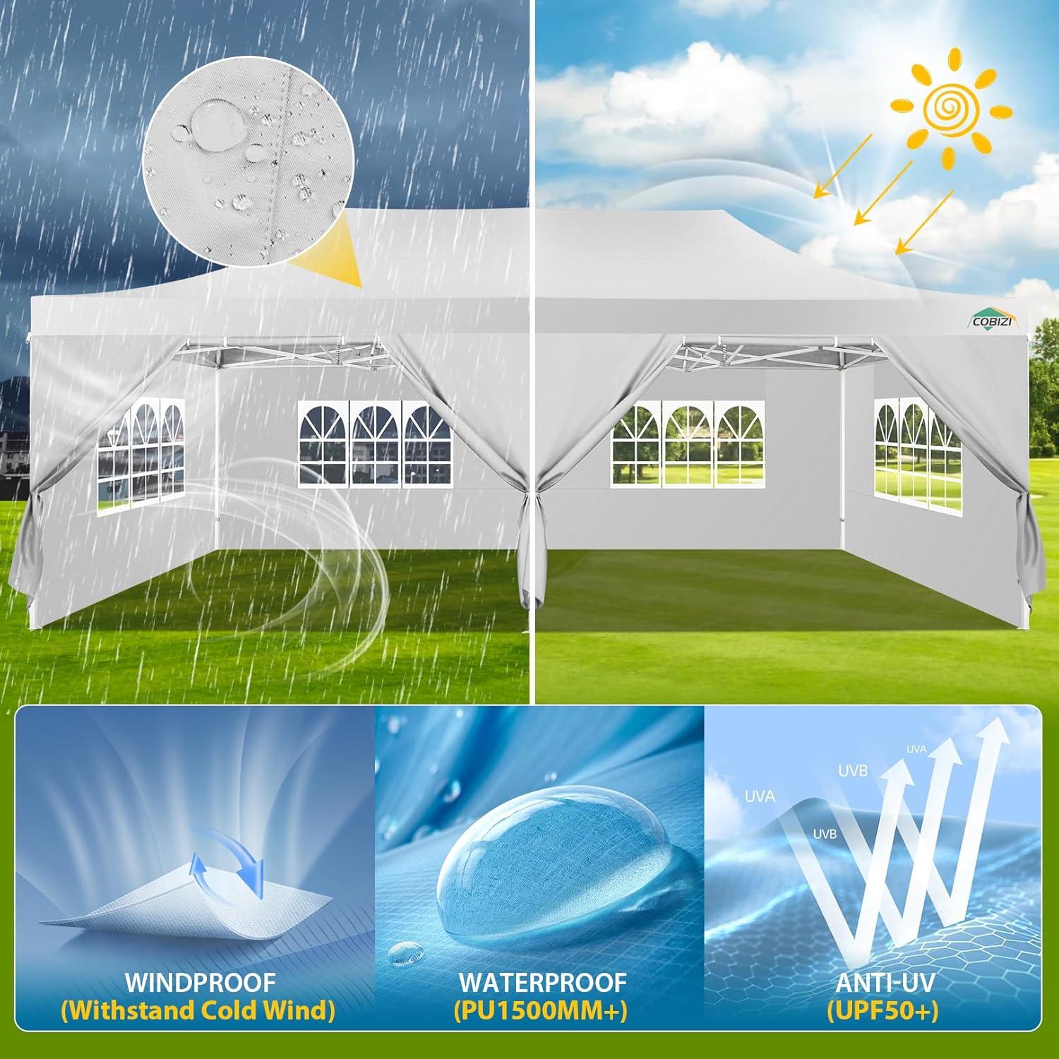 image:imageCOBIZI 10x30 Pop up Canopy Tent 10x30 Canopy with Sidewalls Heavy Duty Party Tent Tents for Parties Foldable UPF 50 Waterproof Commercial Easy up Canopy with Roller Bag BlackWindproof UpgradedWhite
